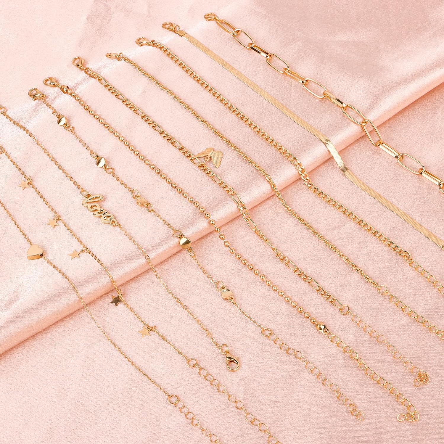 Gold Ankle Bracelets for Women, 10"+2" Extra Large Adjustable Anklets Beach Accessories Permanent Jewelry non Tarnish Free 14k Gold Plated Waterproof Jewlery Sets for Women(10pcs) - Image 6