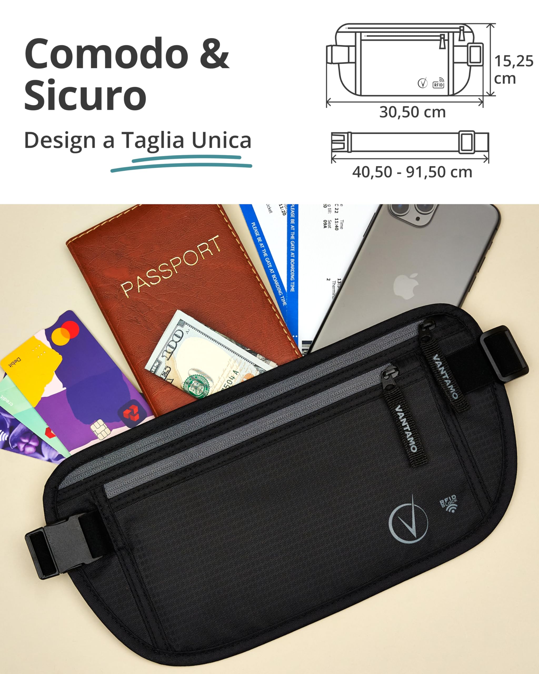 Vantamo Marsupio Uomo & Donna Ultrapiatto con protezione RFID, Marsupio Antiscippo con Cintura Regolabile, Ideale per Corsa e Escursioni e Viaggi, Leggero Cintura Portasoldi Sicuro