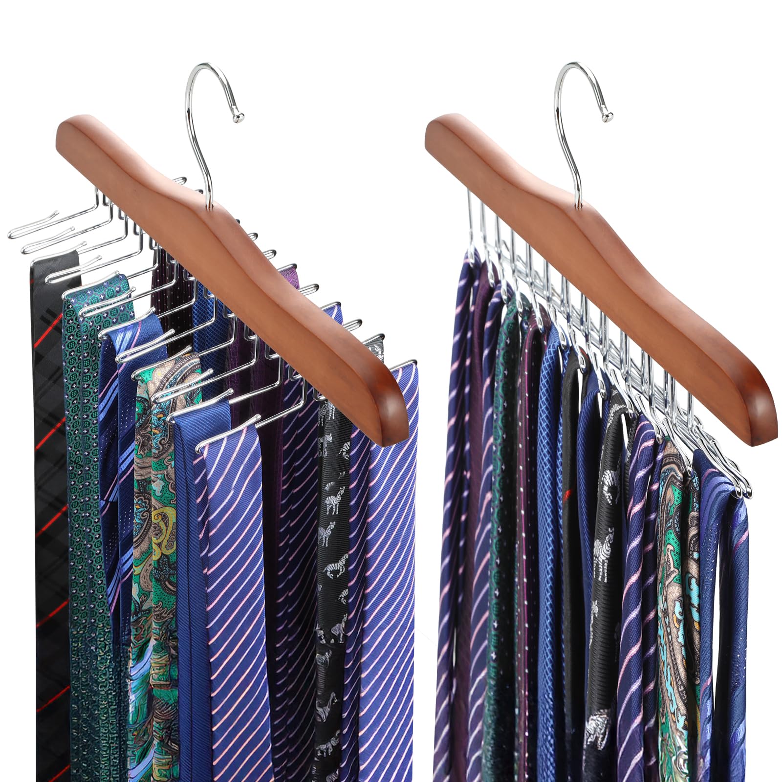 TOPIA HANGER Tie Rack Hanger for Closet, Wooden Tie Organizer for Men with 24 Folding Hooks, Space Saving Necktie Holder for Storage and Display Bra, Tank Top, Camisole (2-Pack), Walnut- CT14WA-2