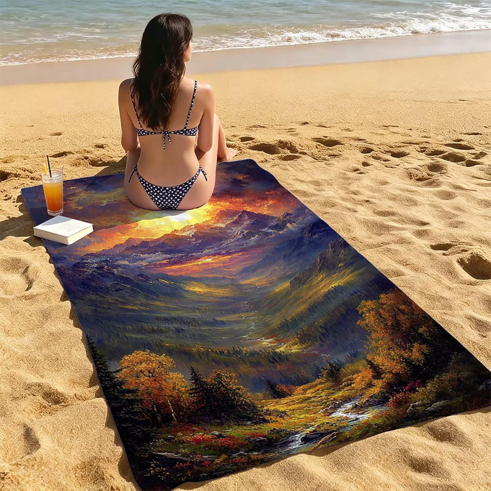 Strandtuch Berg Strandtuch XXL 100x220CM mit Weich & Hautfreundlich als Saunahandtuch Fitness Handtuch Pool Gym Handtuch Badetuch Sporthandtuch für Camping Travel Essentials Sonnenuntergang LSTJ-2199