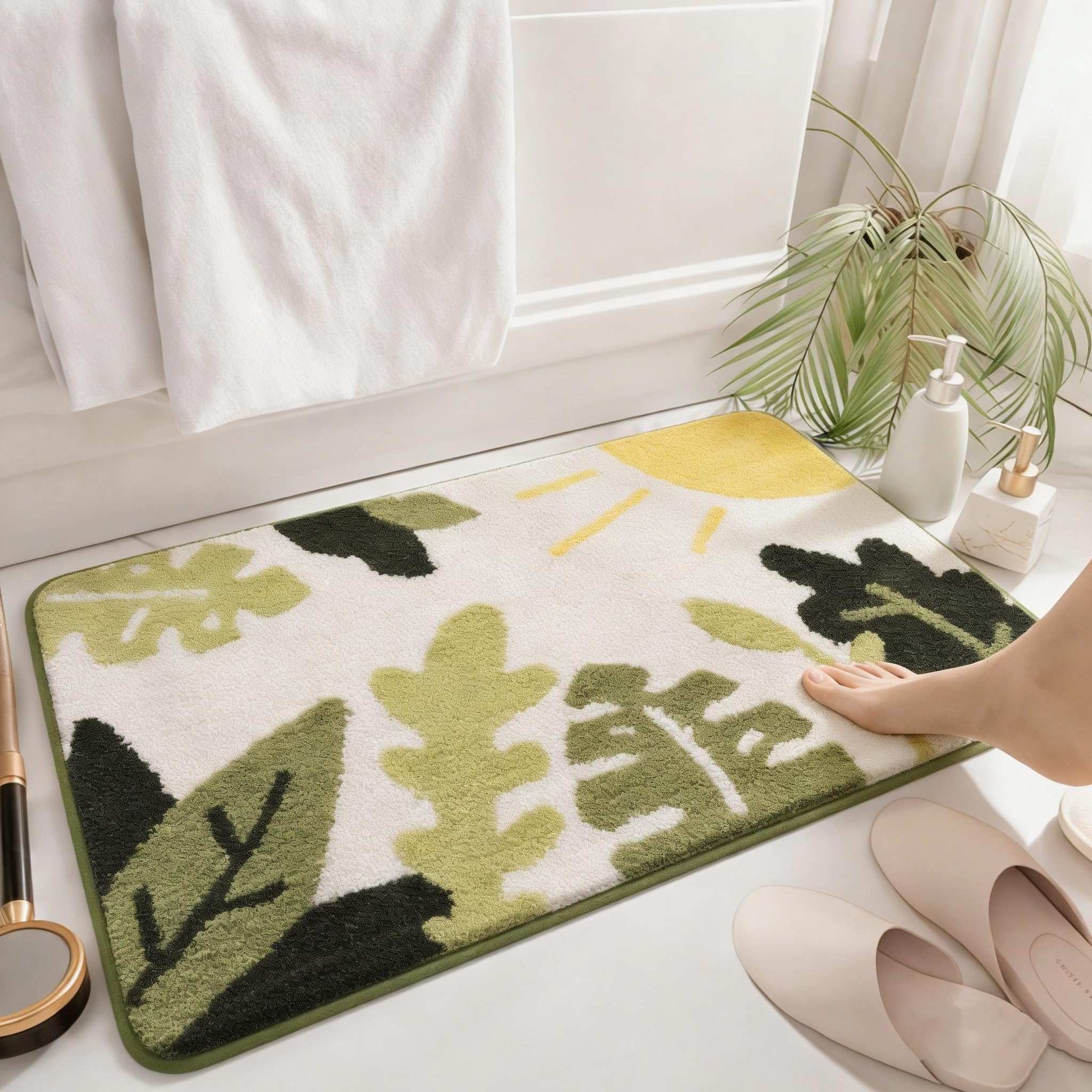 Tappetino Da Bagno In Microfibra Verde Con Foglie, 80x60 Cm – Antiscivolo, Assorbente, Morbido, Lavabile In Lavatrice