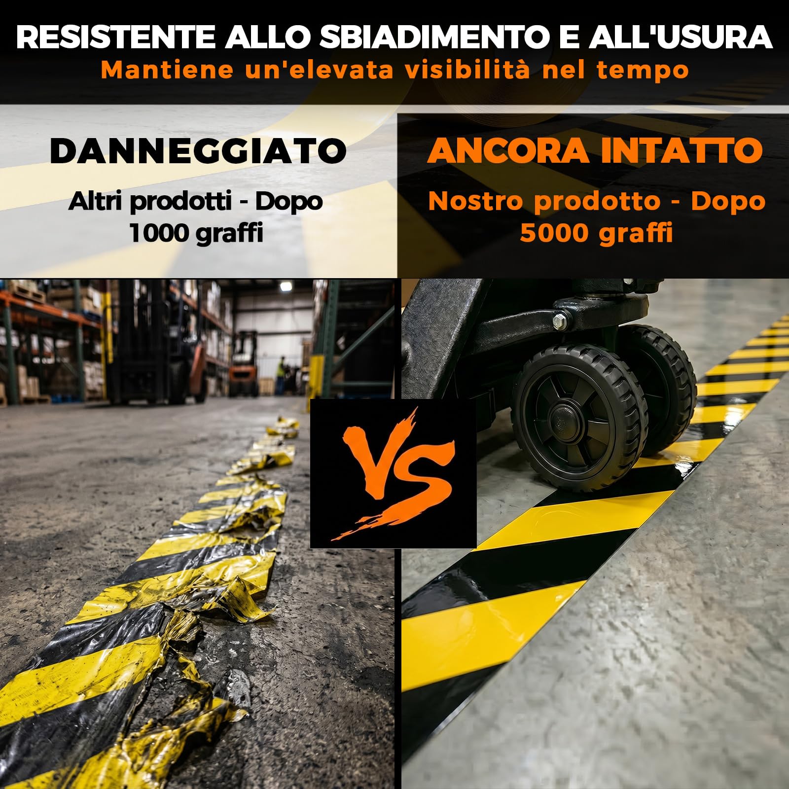 Nastro Segnaletico da Pavimento Extra Spesso 1,1 mm, 50 mm x 30 m, Alta Adesione, Nero/Giallo, Antiusura per Magazzino, Officina e Industria