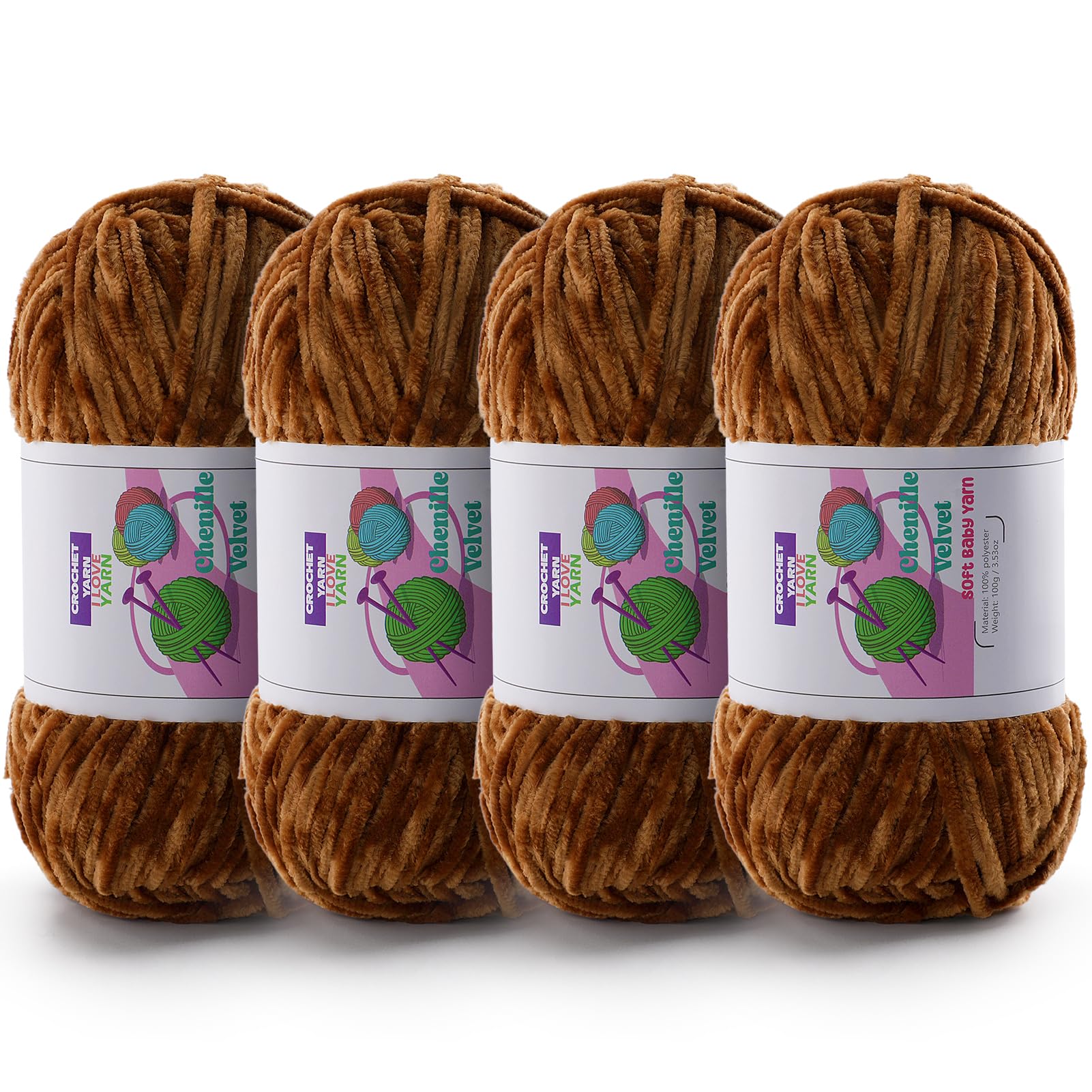 Chenille Velvet Yarn for Crocheting, Brown Fuzzy Fluffy Yarn for Crochet