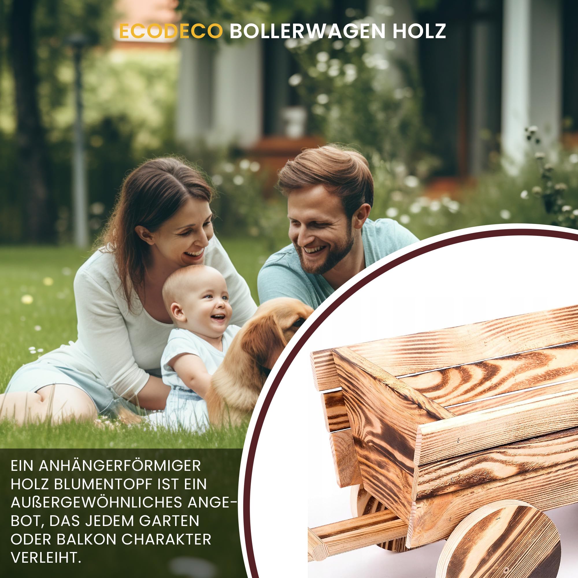 ECODECO Bollerwagen Holz Blumenständer für Draußen | Vintage Deko Garten Blumentopf Holz Outdoor Blumenwagen | Holzdeko Garten Blumenständer Balkon