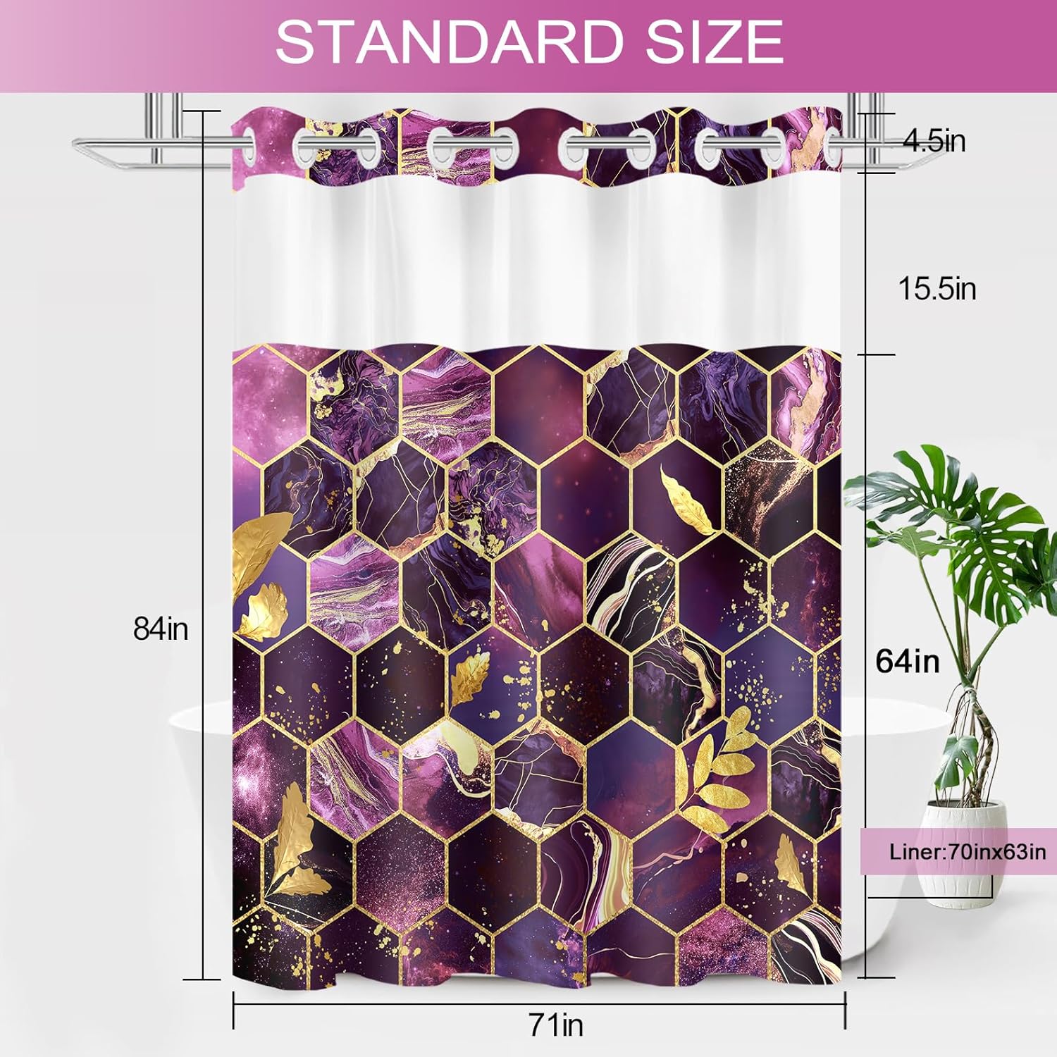 No Hook Shower Curtain with Snap in Liner Set, Modern Geometric Purple Marble Honeycomb Design, Waterproof Fabric Hotel Shower Curtains for Bathroom with See Through Mesh Top Window 71x84 Inch