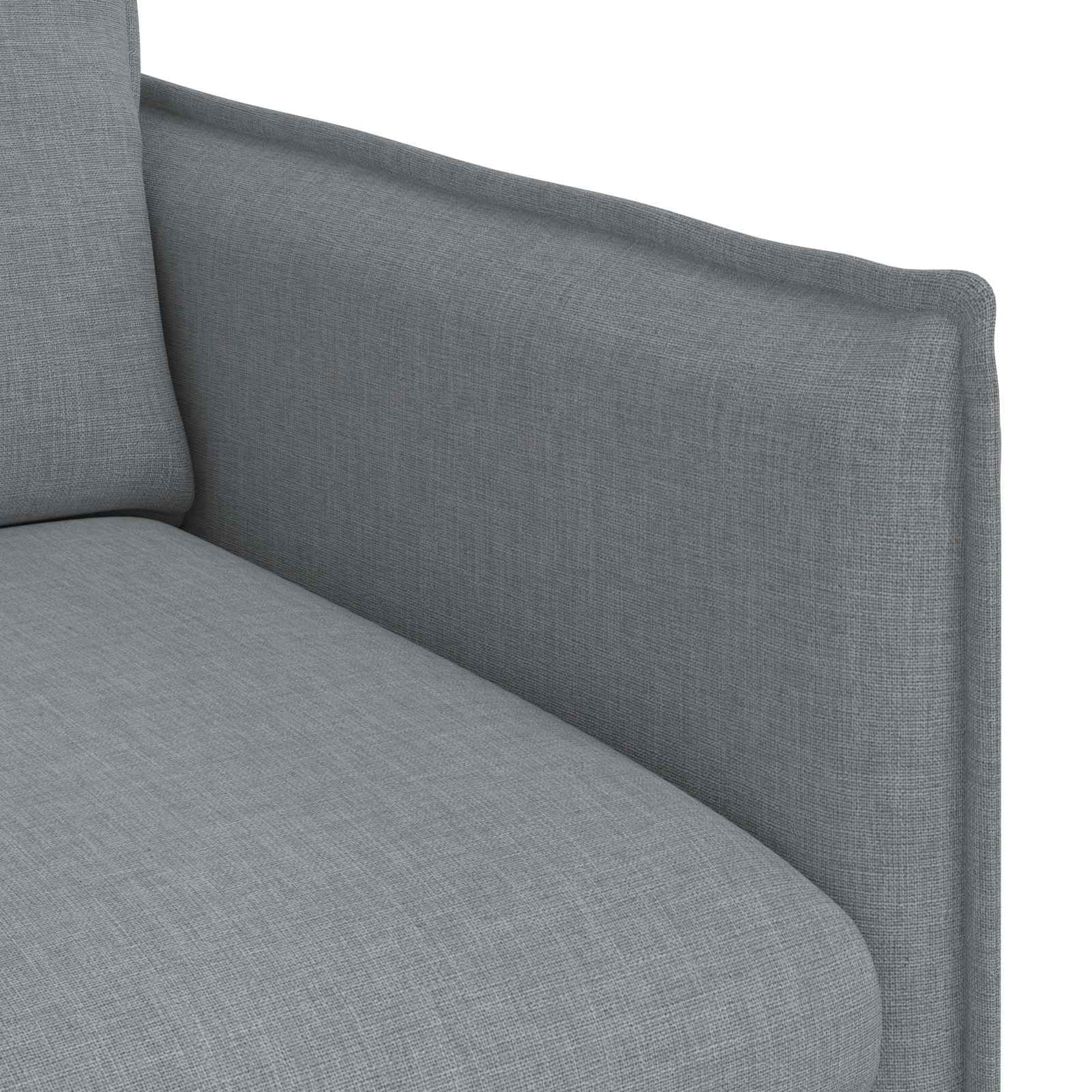 Divano rettangolare moderno, design modulare componibile, struttura metallo e legno, tessuto grigio traspirante, imbottitura schiuma fibra, dimensioni 136x82x85 cm, per soggiorno e camera da letto