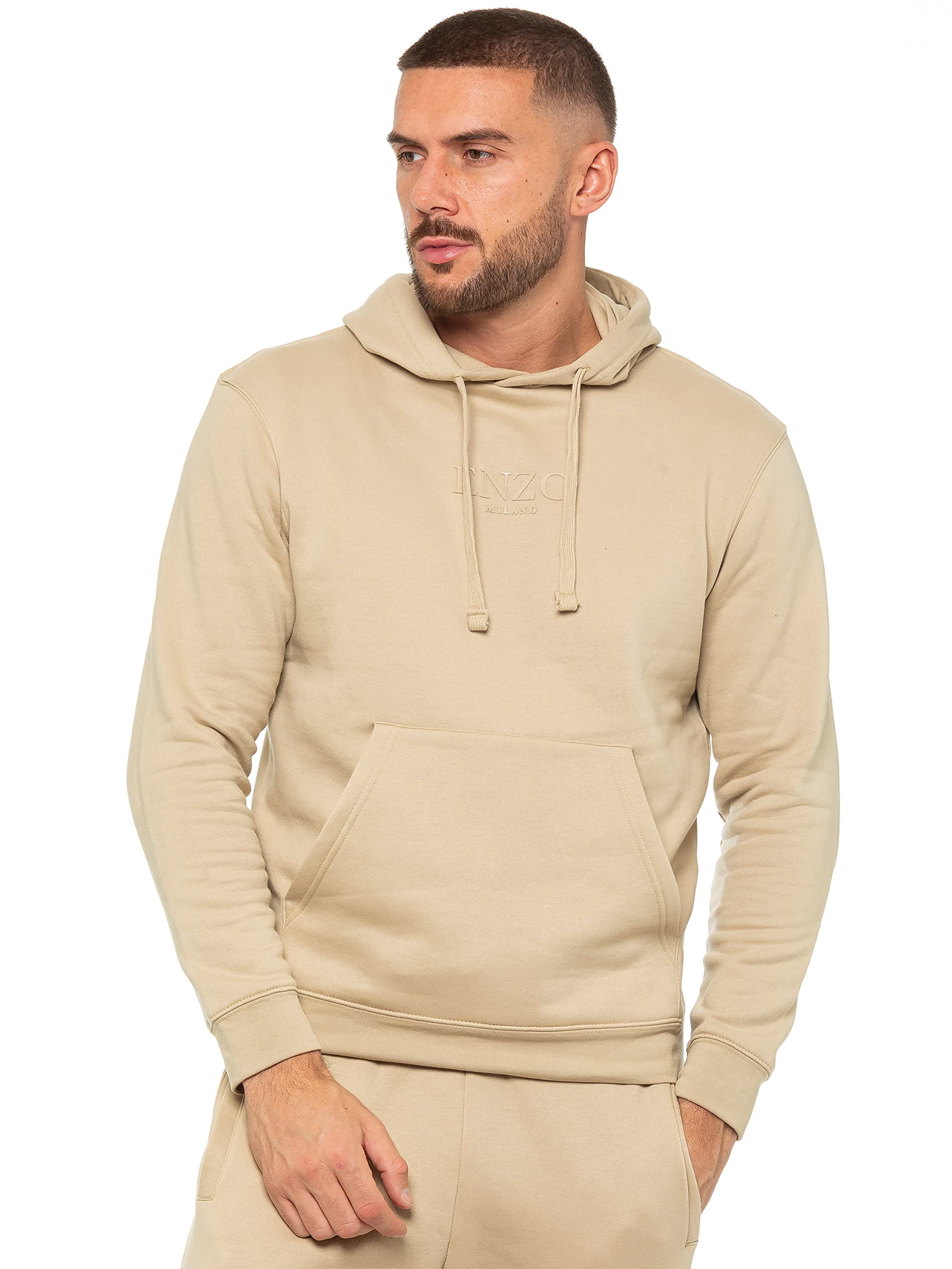 989Zé ENZO Mens Pullover Hoodie Long Sleeve Hooded Top Sweatshirt (UK, Alpha, XL, Regular, Regular, Stone)