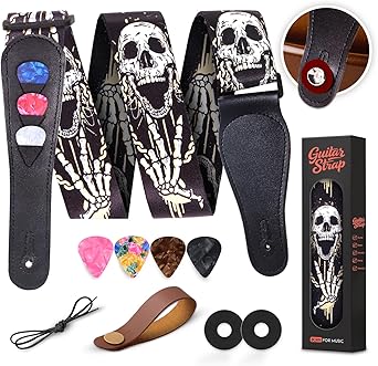 AARVI® Guitar Strap Set for Bass/Electric/Acoustic Guitars - 41"-67" Cotton with Leather Ends, 2 Strap Locks + 4 Picks Included, Durable Multi-Purpose Music Accessory