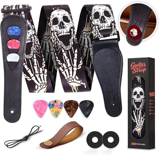 AARVI® Guitar Strap Set for Bass/Electric/Acoustic Guitars - 41"-67" Cotton with Leather Ends, 2 Strap Locks + 4 Picks Included, Durable Multi-Purpose Music Accessory