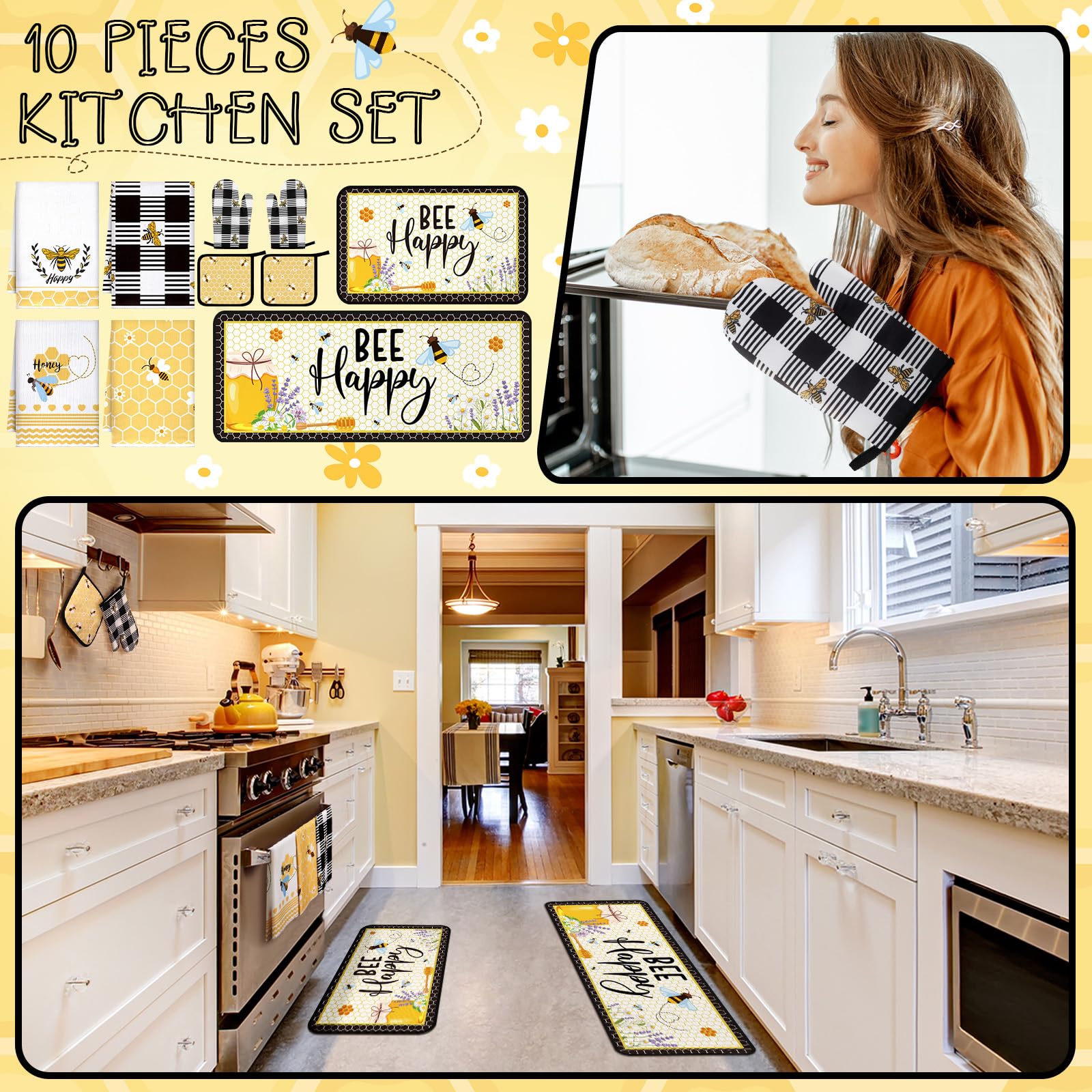 Fourluoo 10 Pcs Bee Kitchen Dish Towels Rugs Oven Mitts and Pot Holders Set Farmhouse Kitchen Decor Set for Women Mom Daughter Gift Cooking Baking Grilling (Cute Yellow Black)