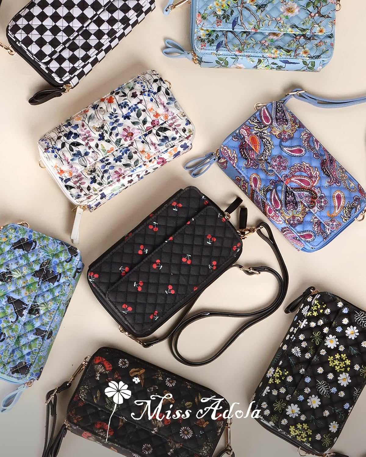 Miss Adola Cotton Quilted Crossbody Bags for Women - Wallet Purse Small Phone Bag Cute Wristlet Purses with RFID Blocking