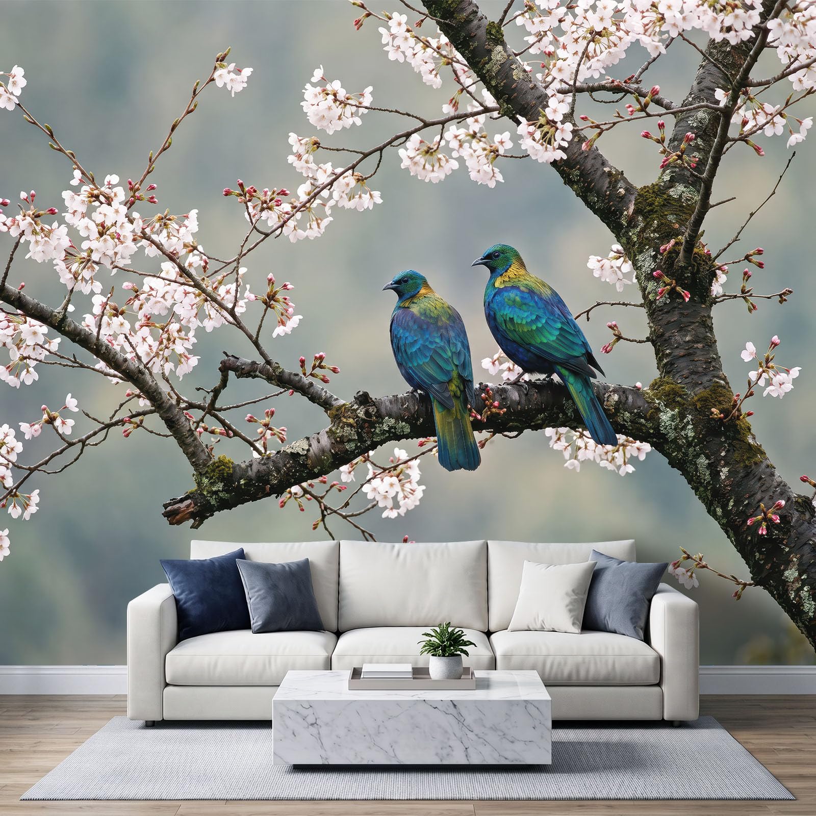 Landschaft Tiere Vögel Kirschblüten panoramiczna tapeta dla chłopców dziewcząt, 350 x 256 cm szary zielony gigantyczny plakat ścienny 3D, dekoracja ścienna premium do salonu, sypialni dorosłych