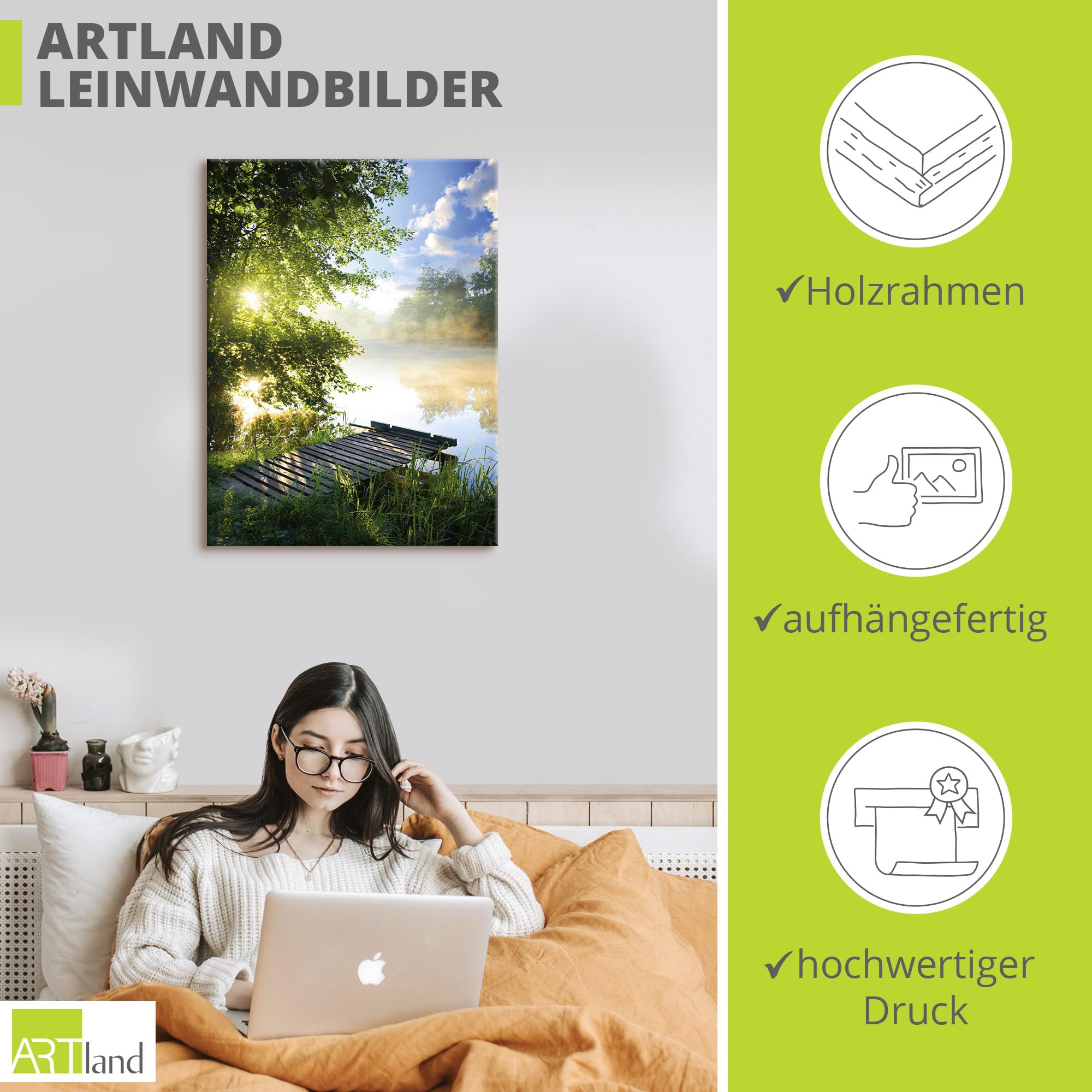 ARTLAND Wanddeko Leinwand Bilder Wandbild 60x80 cm Natur Landschaft Wald Baum See Steg Sommer Sonne Gräser T0WD