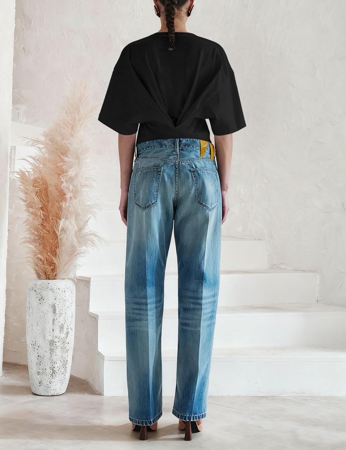 Womens Oversized Short Batwing Sleeve Tops Casual Drop Shoulders T-Shirt Draped Back Workout Tee(Black-M) - Image 5