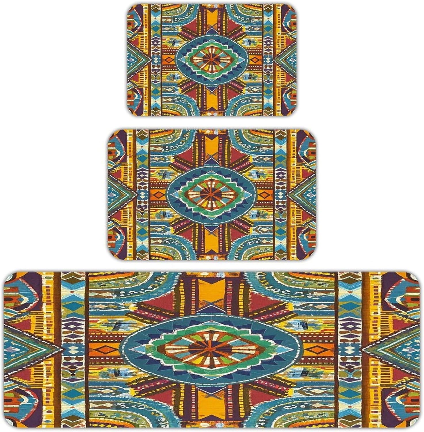 African Style Textile Pattern Kitchen Rugs Sets of 3 Washable Non Slip Kitchen Rug Water Resistant Carpet Piece Anti Fatigue Kitchen Mats Soft Comfort Standing Mat Modern Area Rug