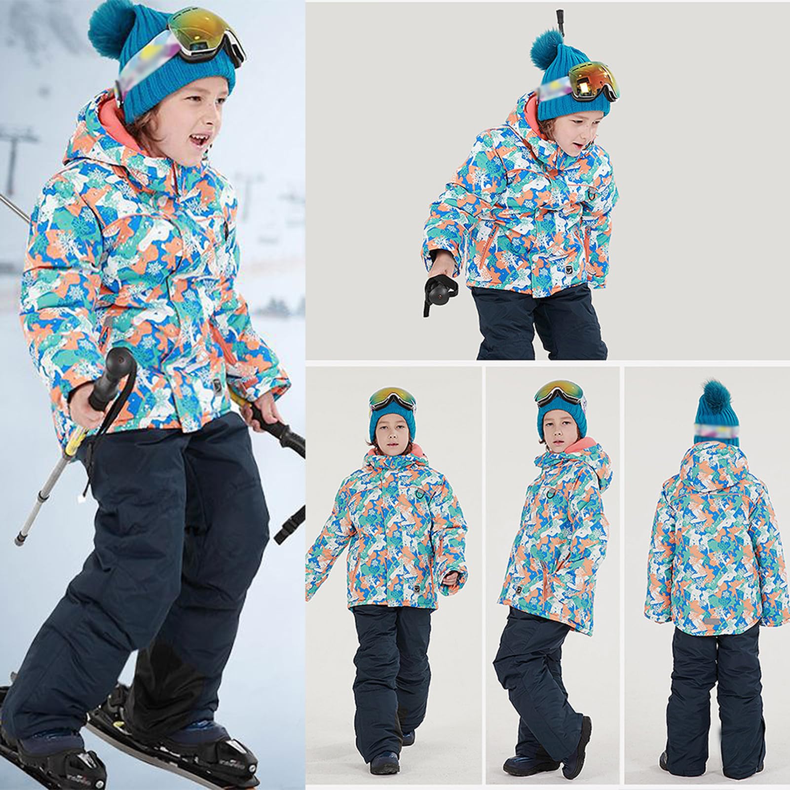 Traje de Esquí para Niño Niña Conjunto de Nieve 2 Piezas Chaqueta con Capucha + Pantalones Traje de Nieve Impermeable para Invierno