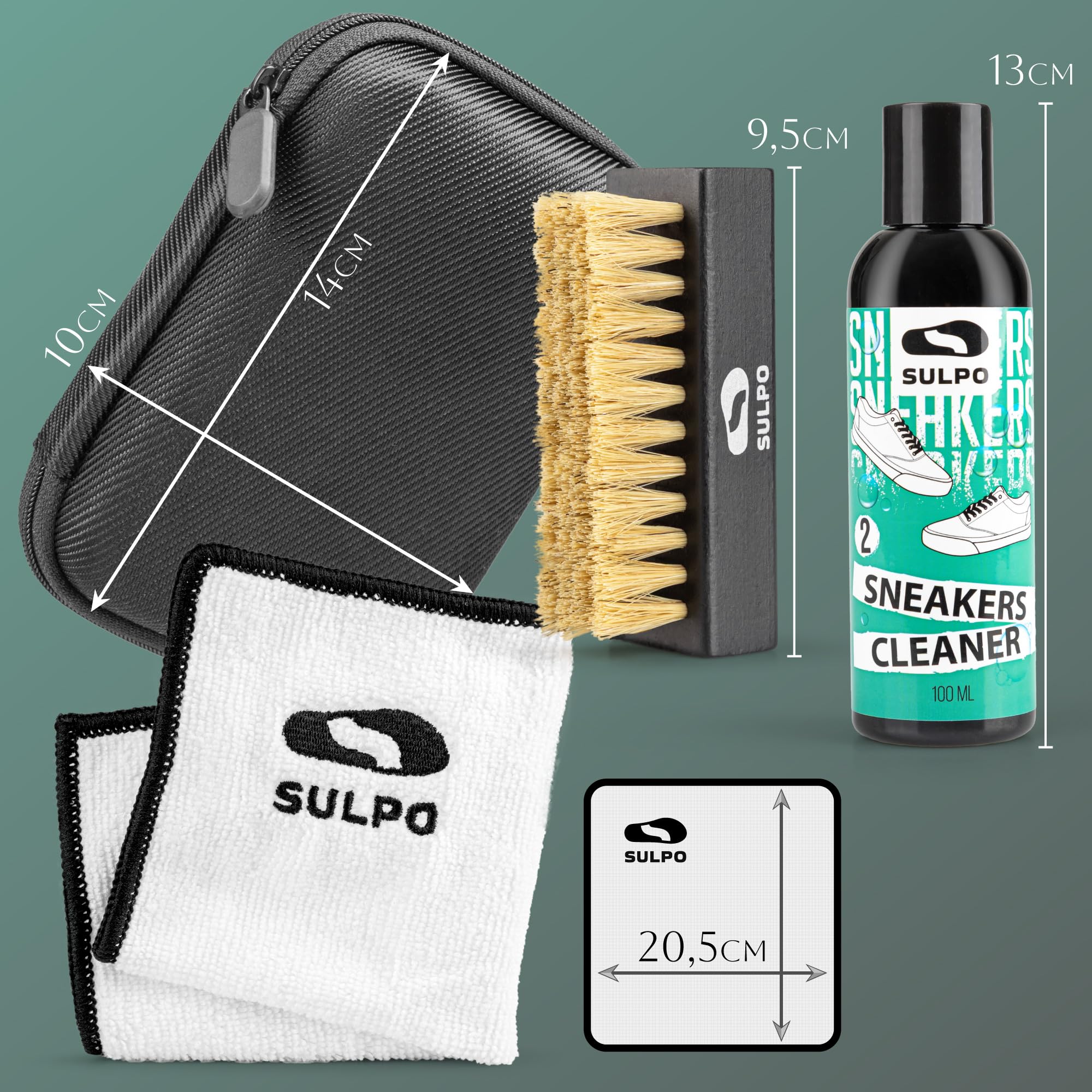 SULPO zestaw do czyszczenia sneakersów – pH-neutralny środek, szczotka i ściereczka z mikrofibry; delikatny dla skóry, zamszu, canvasu i siatki