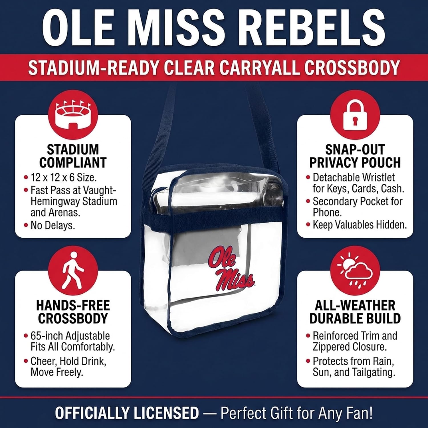 Littlearth NCAA Clear Crossbody Carryall Bag - Stadium Approved Transparent Tote - 12 x 12 x 6 Inches