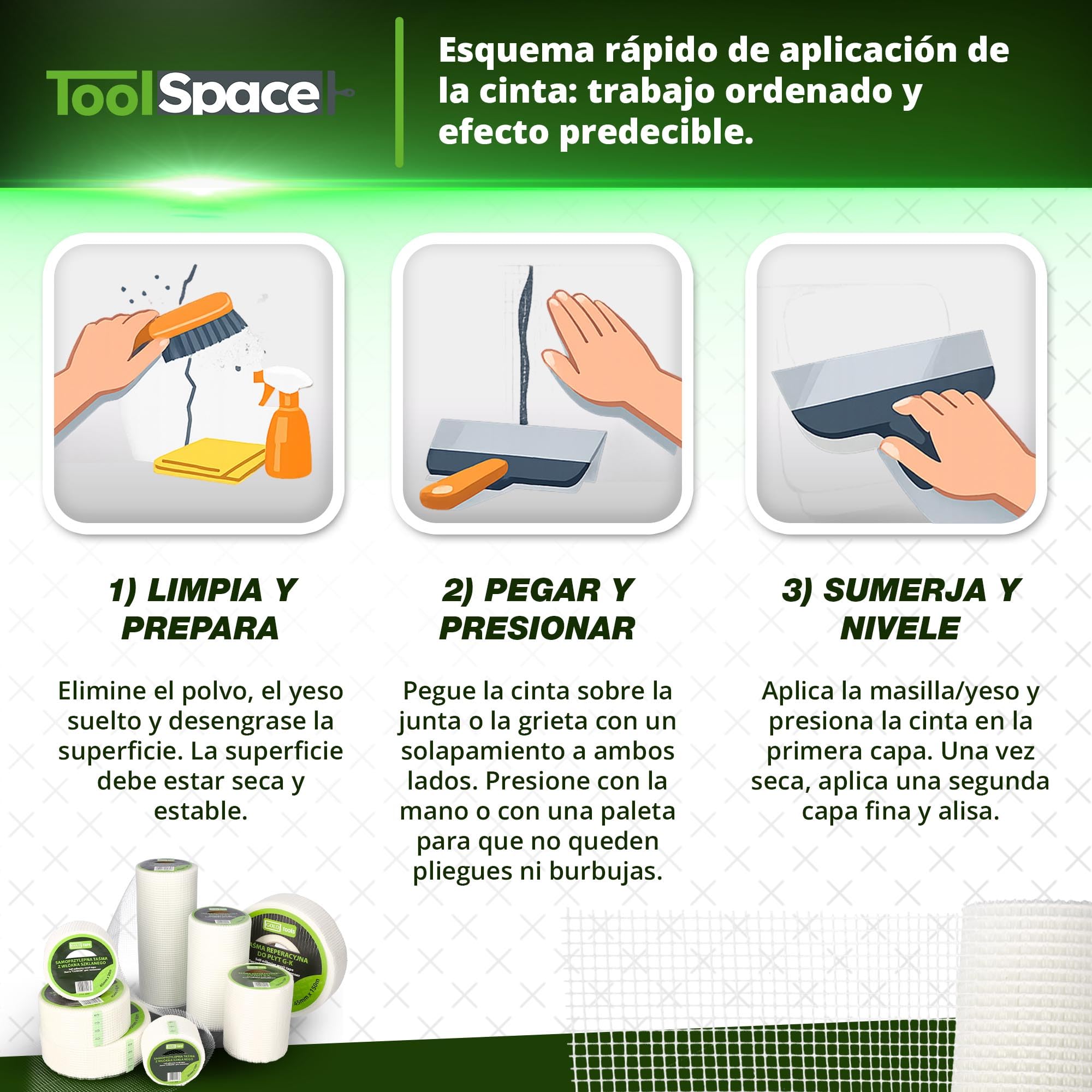 ToolSpace Cinta Fibra Vidrio Autoadhesiva Para Grietas Y Juntas Placas De Yeso 15 Cm X 20 M Para Pared Y Techo, Rollo Ancho Para Reparaciones Limpias Y Refuerzo En Paredes, Techos Y Esquinas
