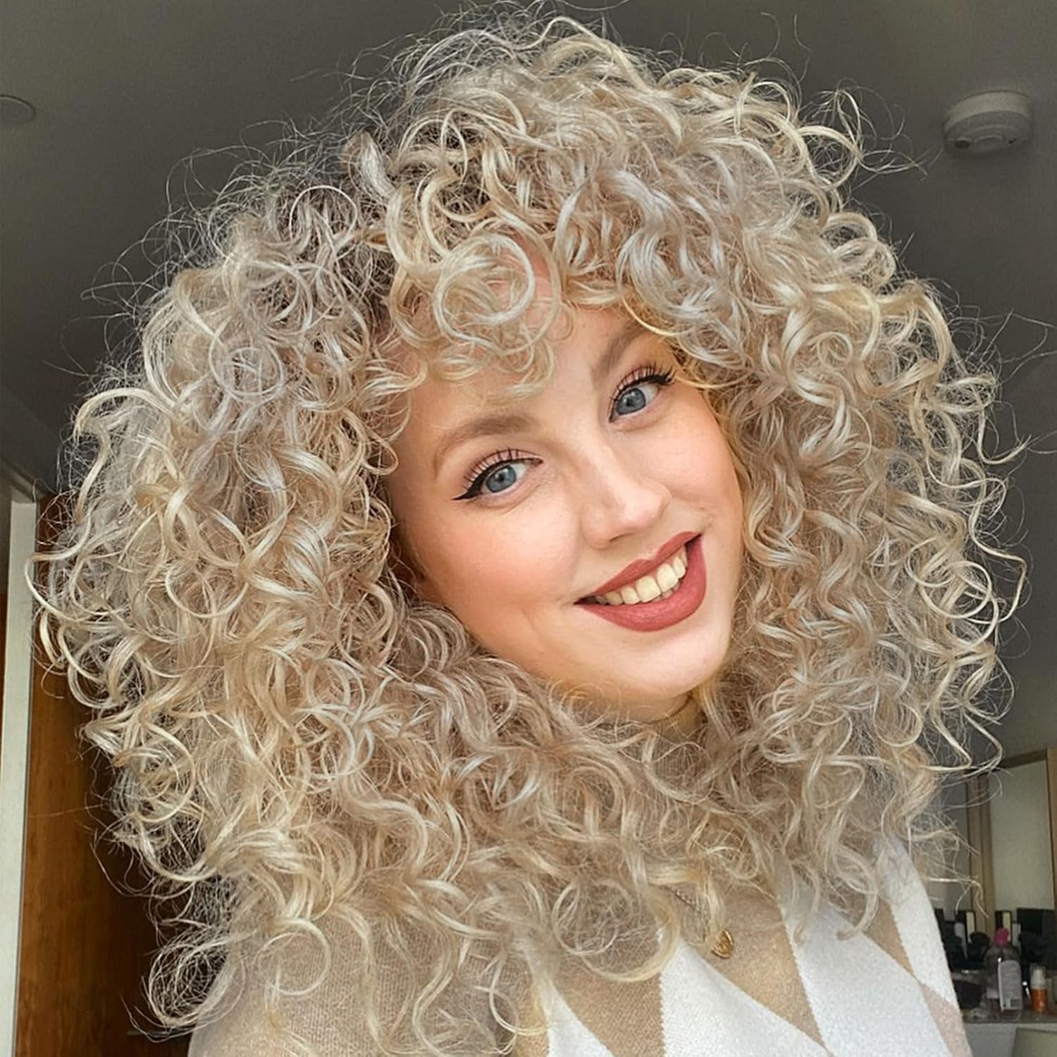 LONAI Curly Wig with Bangs for Women Long Ash Blonde Kinky Wigs with Bangs WIG006 Curly Shag Synthetic Wig for Daily Use Party Cosplay-Ash Blonde 23 Inch (Pack of 1) Ash Blonde