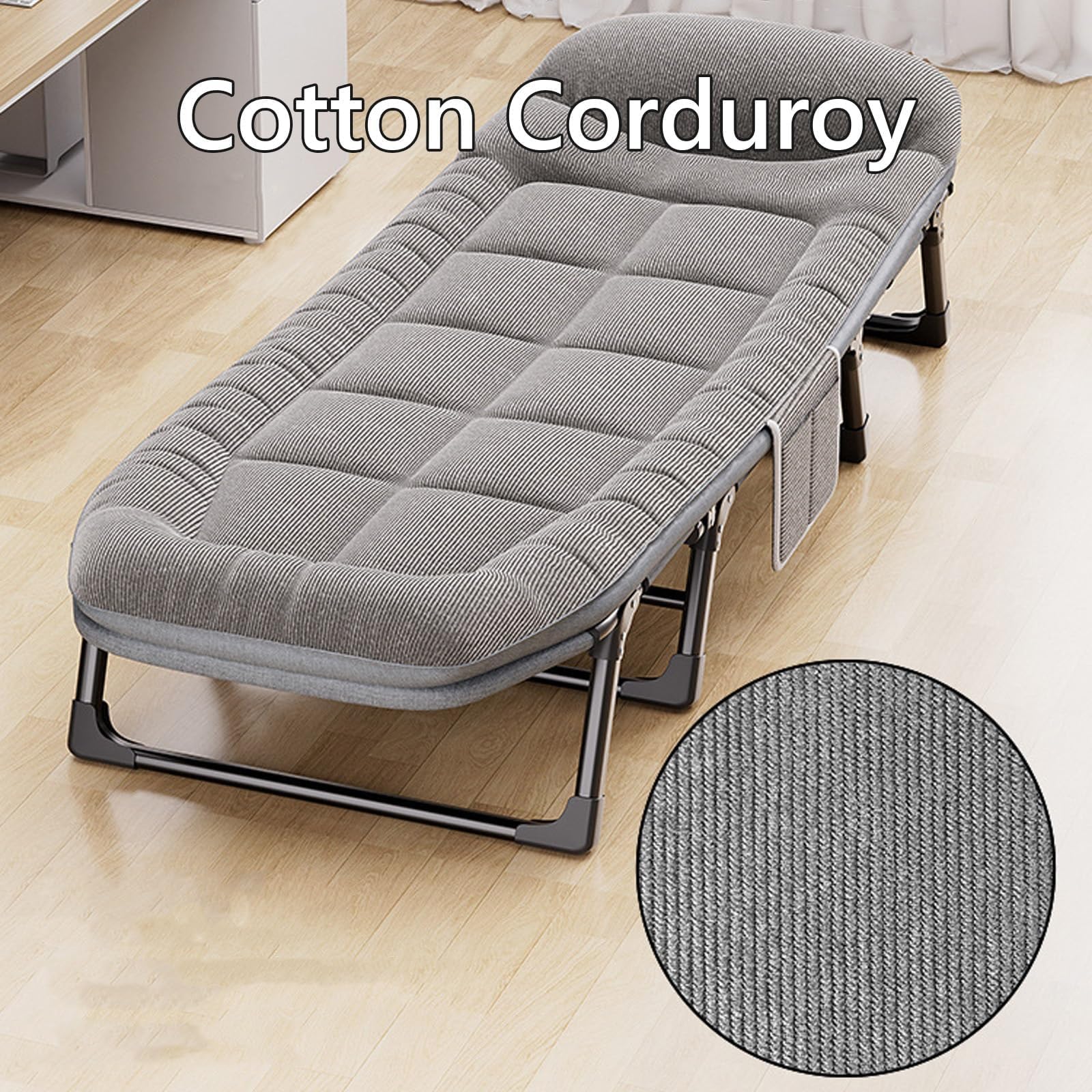Lit pliant portable avec matelas – Cadre en métal durable pour le camping, le bureau et l'extérieur, tissu en velours côtelé épais, design peu encombrant, installation facile