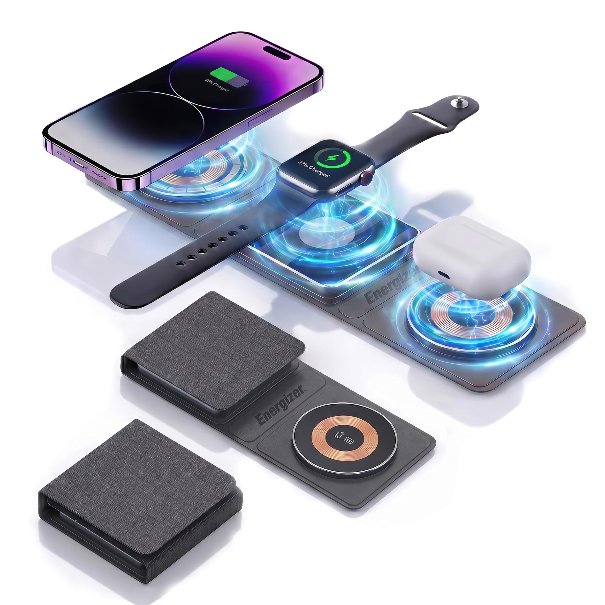 Energizer 3-in-1 Wireless Charging Dock Stand, 15W Magnetic Fast Charger, Foldable Portable Travel Pad with Built-in Protection for iPhone 17/16/15/14/13/12, AirPods, Earbuds & Smartwatch | Black-image-32