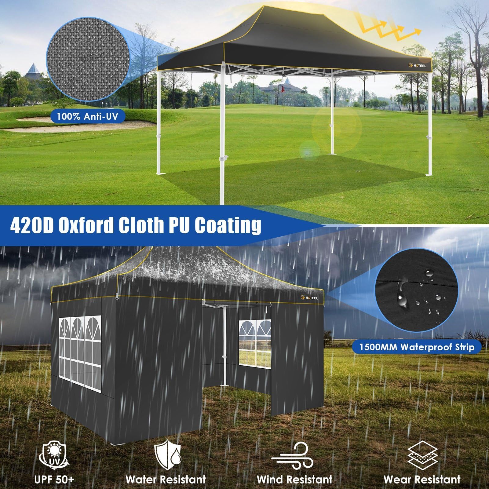 HOTEEL Pavillon 3x4,5m Wasserdicht, Verstärkte Sechskant-Beine, Schwarz | Pop-up Zelt mit wasserdichtem und UPF 50+-Stoff,tragbare Rollen-Tasche, Pavillon für Veranstaltungen/Gartenpartys/Marktplätze
