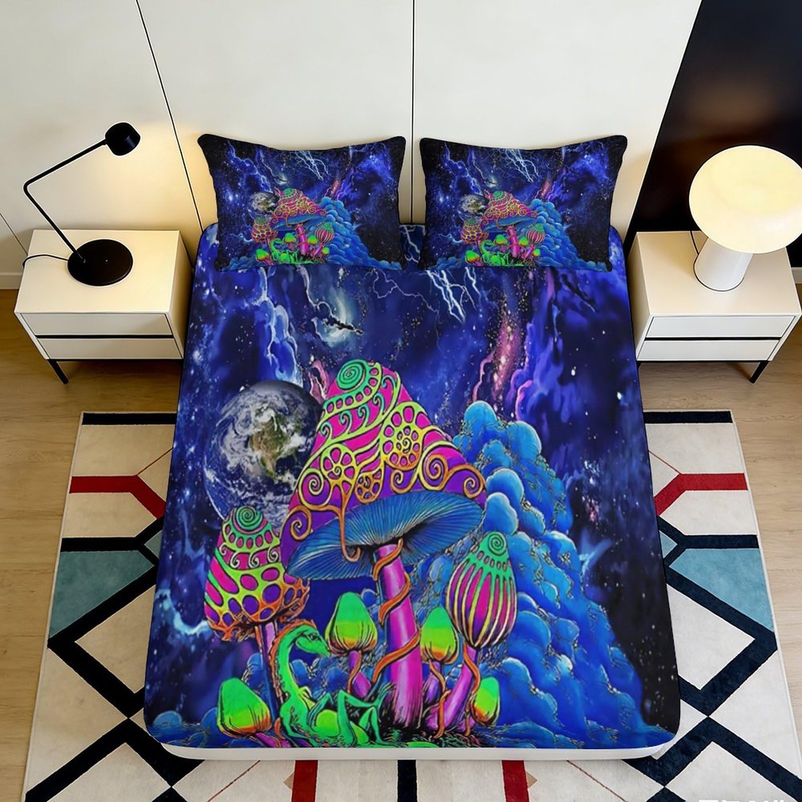 3D Printed Fantasy Mushroom Fitted Sheet Microfiber Deep Pocket Non-Slip Magic Mushroom Mattress Fitted Cover Elastic Hem Washable Bedding 200x200x25cm 90x200x25cm