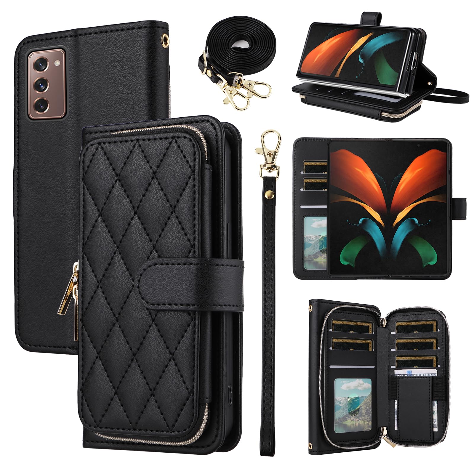 Furiet Argyle Wallet Case for Samsung Galaxy Z Fold 2 5G 2020 with Wrist Strap Shoulder Strap 9 Card Slot Zipper Purse Luxury PU Leather Stand Cell