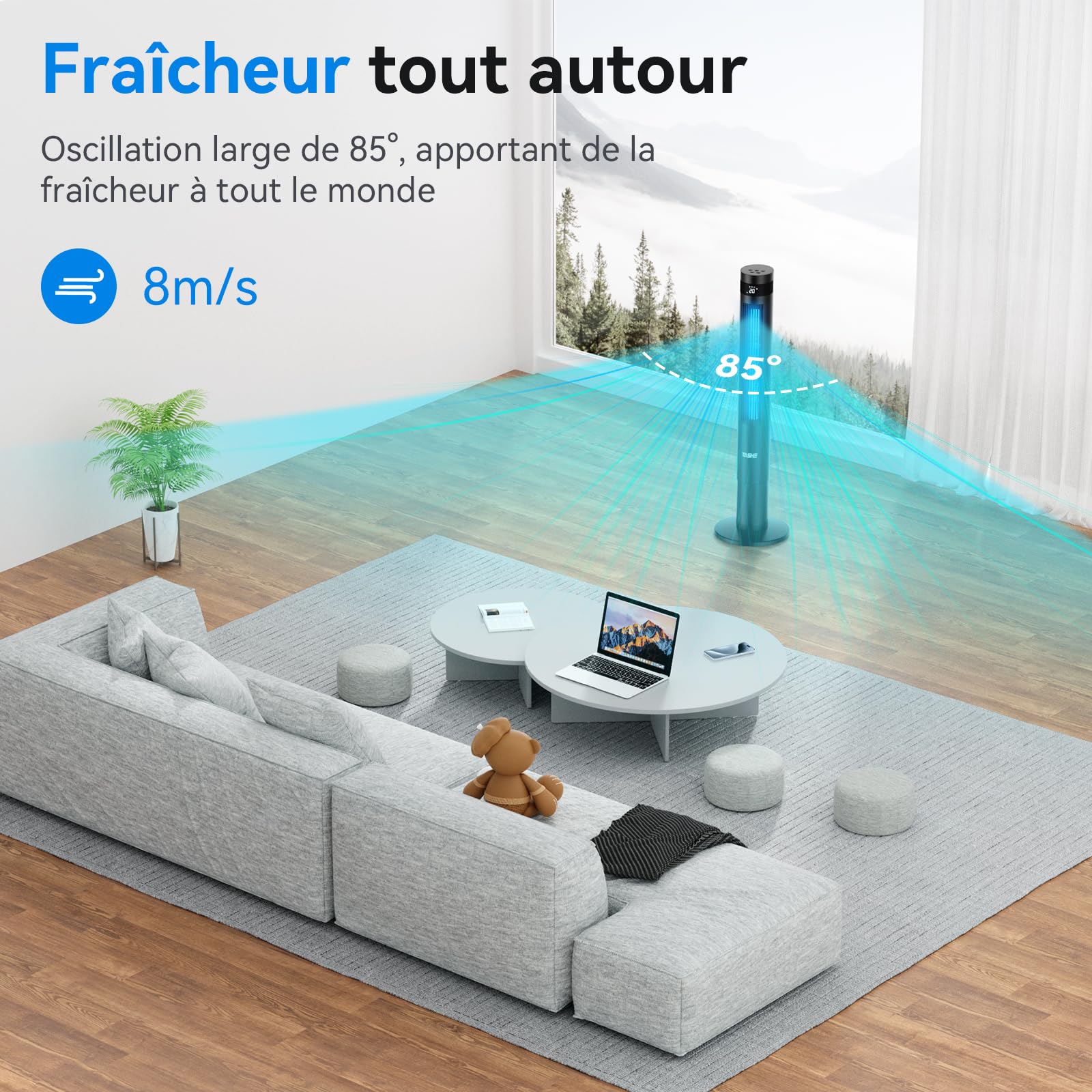 YASHE 43'' Colonne Ventilateur, Ventilateur Colonne Silencieux 28dB, Ventilateur Climatiseur Oscillant à 85° avec, Ventilateur Tour avec télécommande, Minuterie 12h, 3 Vitesses 3 Modes de Vent