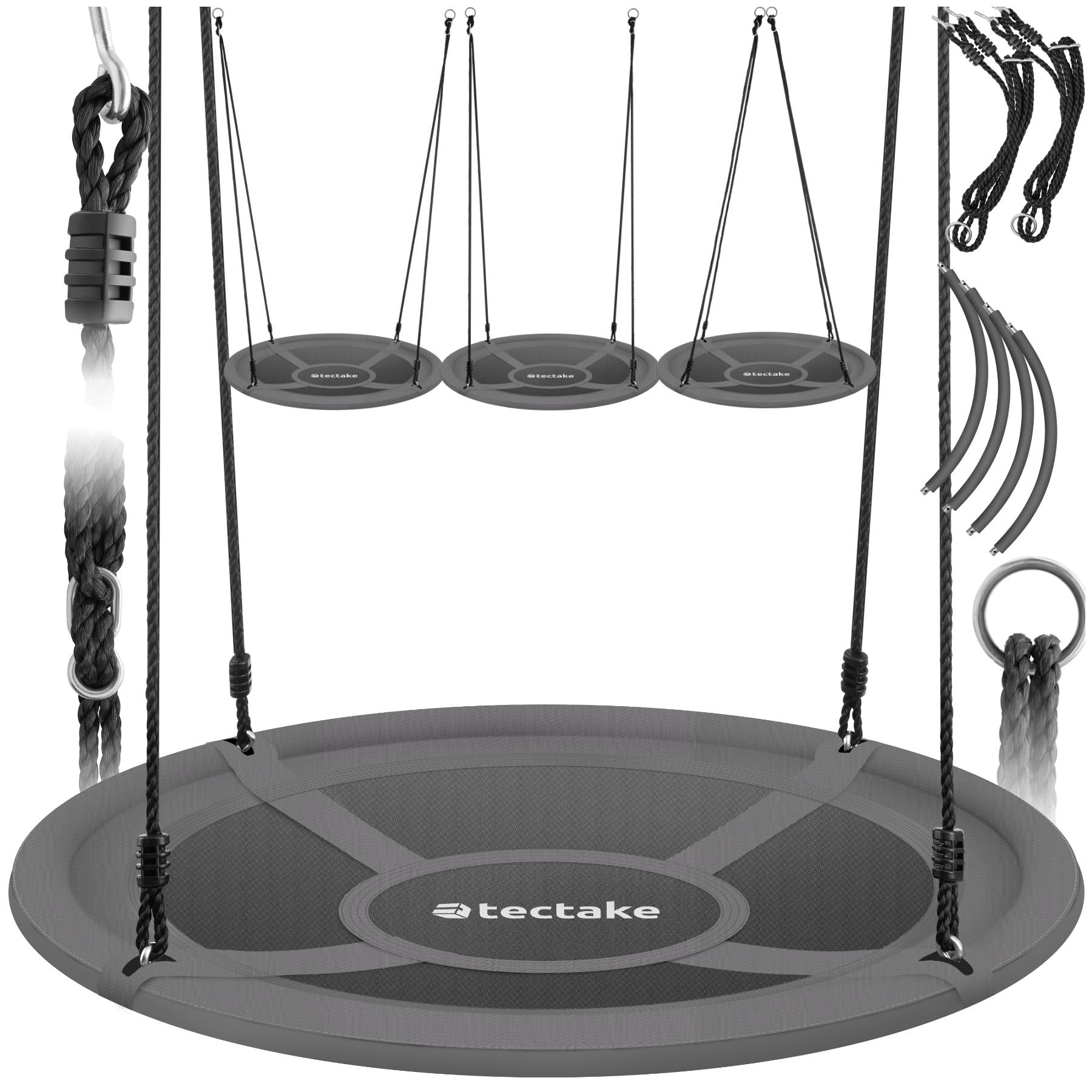 tectake® Columpio Redondo, Resistente a la Intemperie, Columpio Jardin Exterior, Cuerdas Gruesas, Soporta hasta 300 kg, Borde Acolchado, Ajuste de Altura, Silla Colgante Exterior - 120 cm Gris/Negro