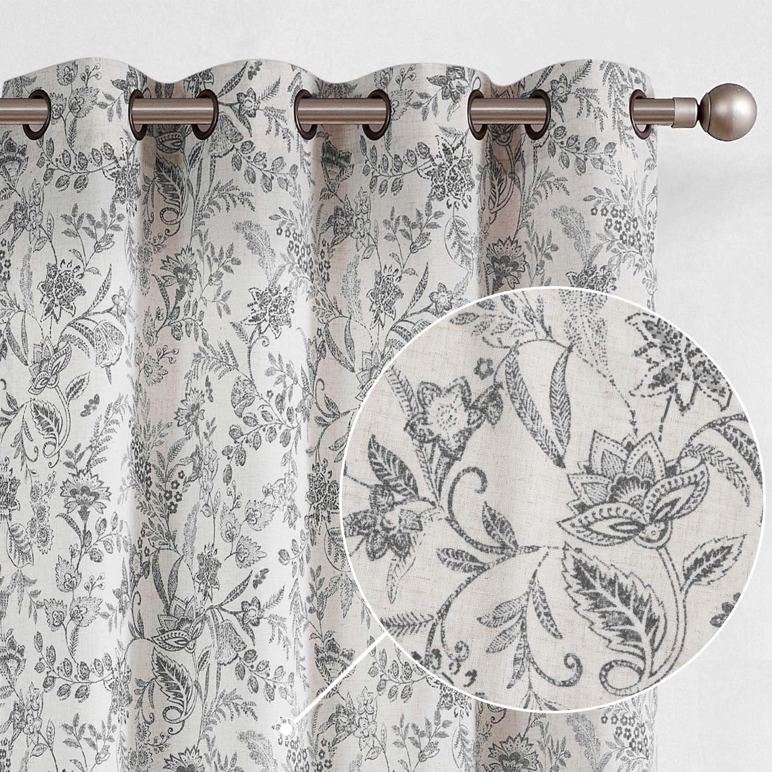 Lazzzy Floral Linen Farmhouse Curtains 63 Inch Length Drapes for Living Room Bedroom Pattern Light Filtering Country Vintage Curtain Grommet Top, 2 Panels, Black on Beige — image 1