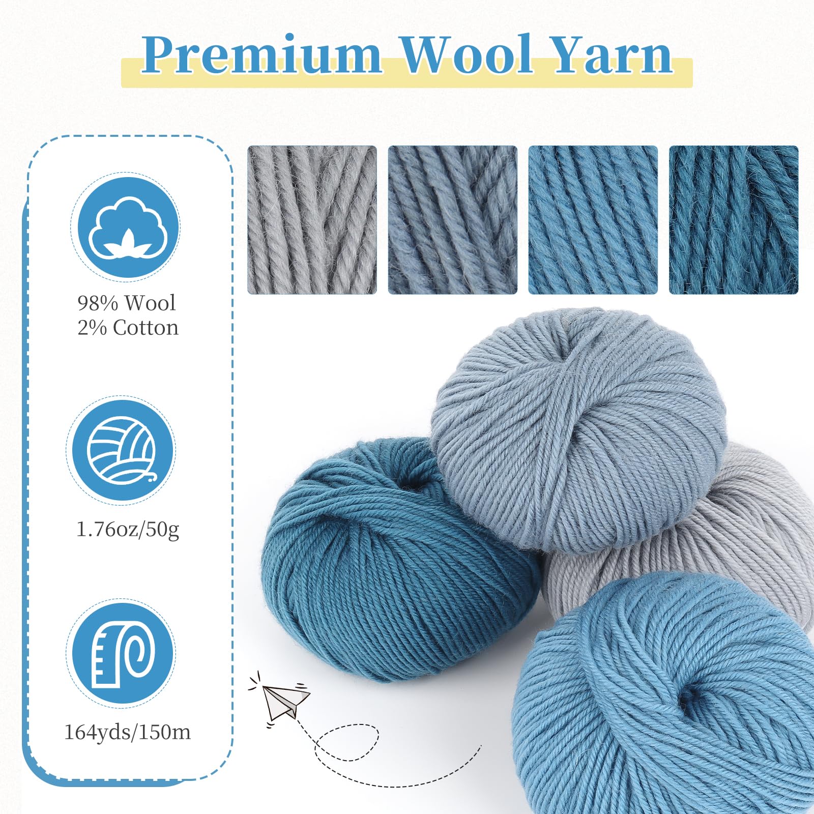 Coopay Wollgarn zum Häkeln, 600 g Wollmischgarn zum Stricken, 12 Stück | 60 % Wolle, 40 % Polyester, 50 g, #3 DK (hell), Häkelgarn für Kleidung, Schals, Decken, Schals, (Blaue Familie)
