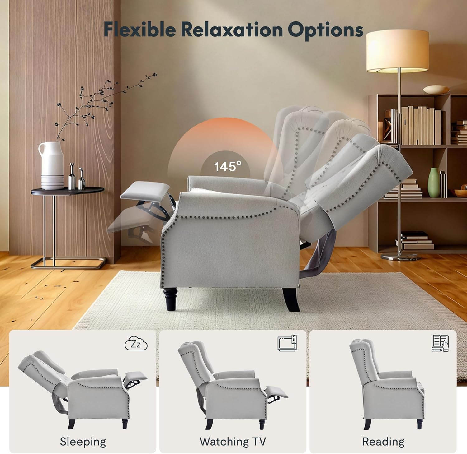 Softa Recliner Chair for Adults, Mid Century Wingback Pushback Accent Chair with Rivet Decoration, Tufted Upholstered Single Sofa Armchair for Living Room, Bedroom, Study (Fabric, White)