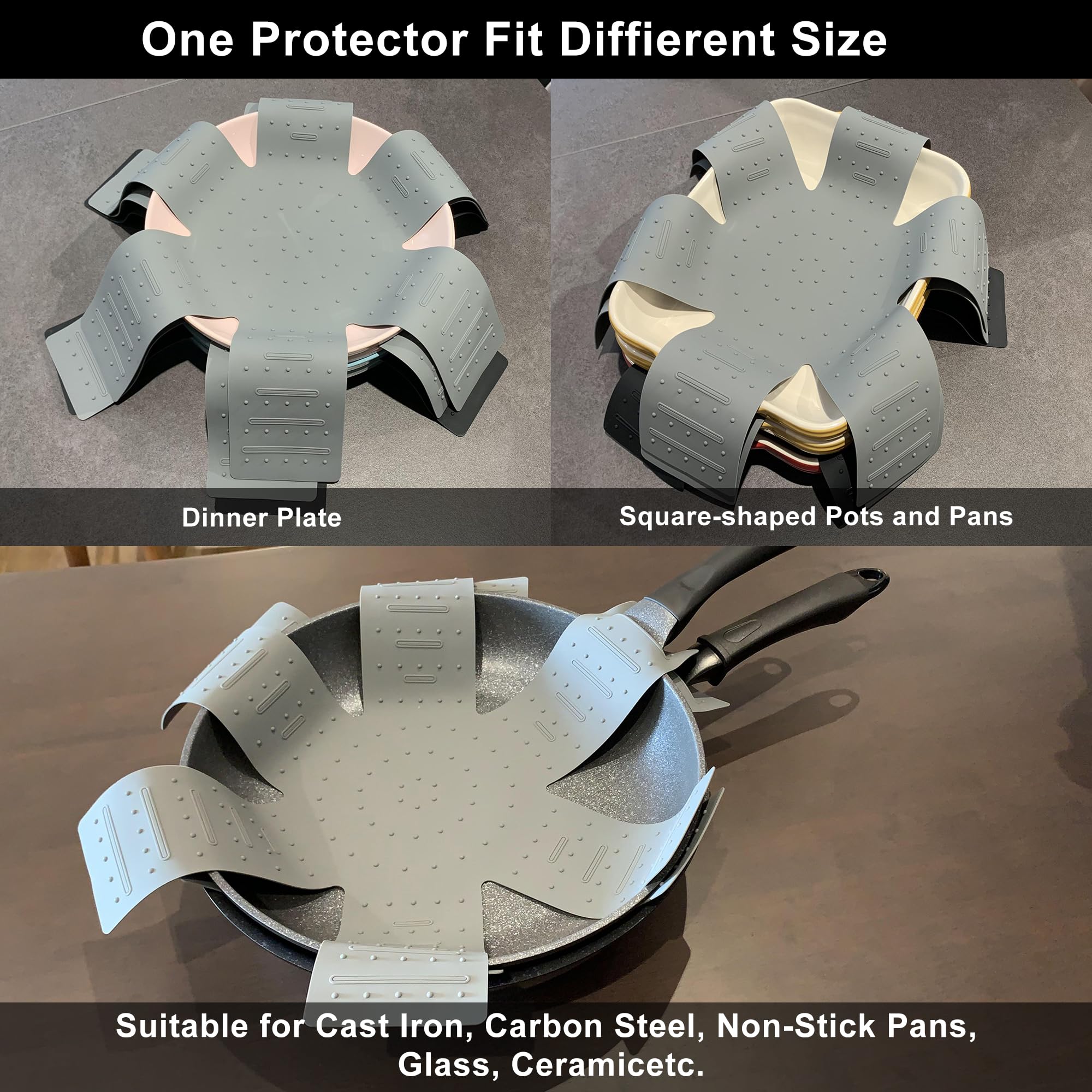 Protectores de ollas y sartenes, 3 piezas de silicona para utensilios de cocina, protector de sartén apilable. Tiene un diseño único de apertura y fijación que se puede utilizar para proteger y