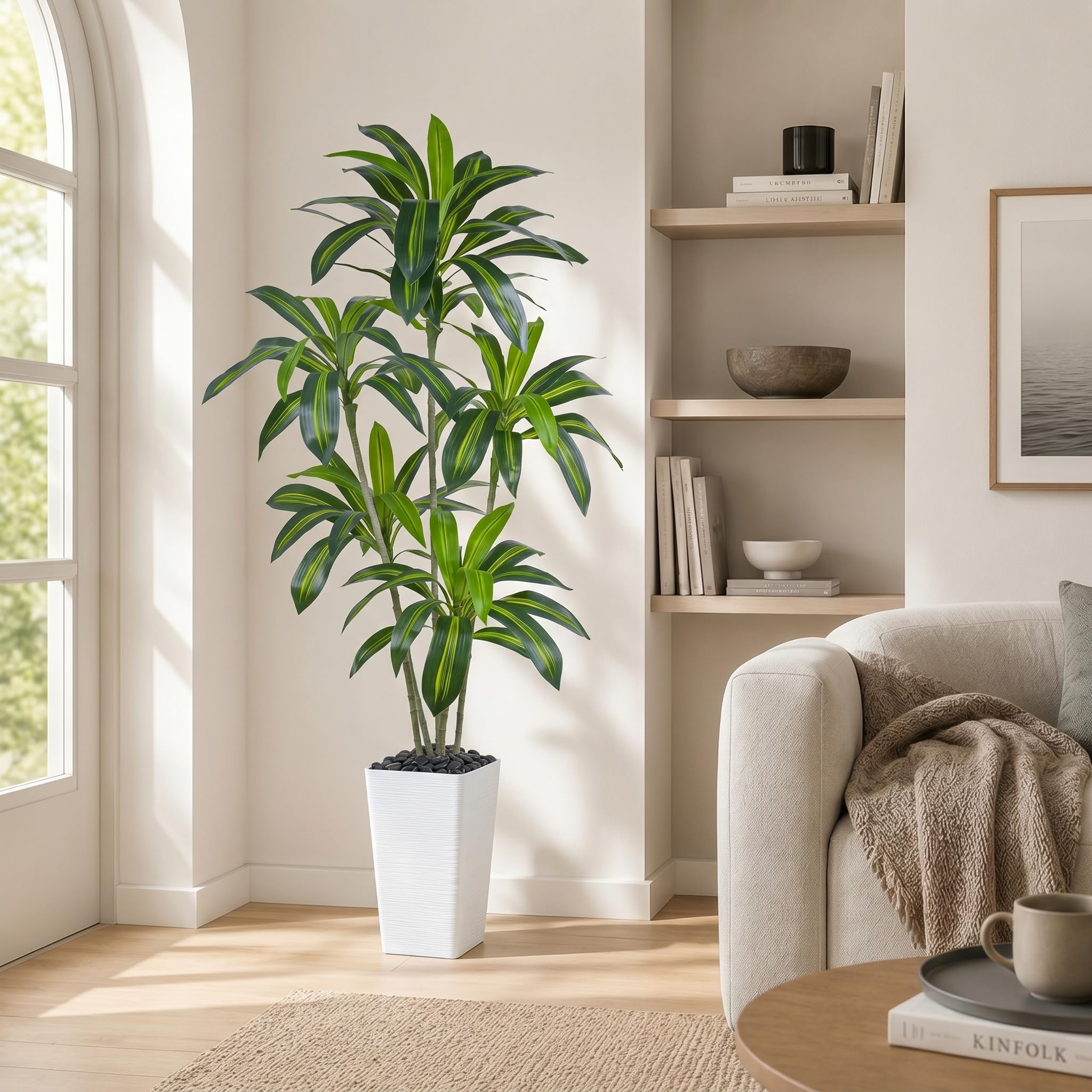 Künstliche Drachenbaum Pflanzen 180cm, Kunstpflanzen Groß im Weiß Topf | Drachenbaum Zimmerpflanze mit Kieselsteine, Hohe Kunstbaum, Fake Pflanzen für Zimmer Wohnzimmer Schlafzimmer Büro Balkon Deko