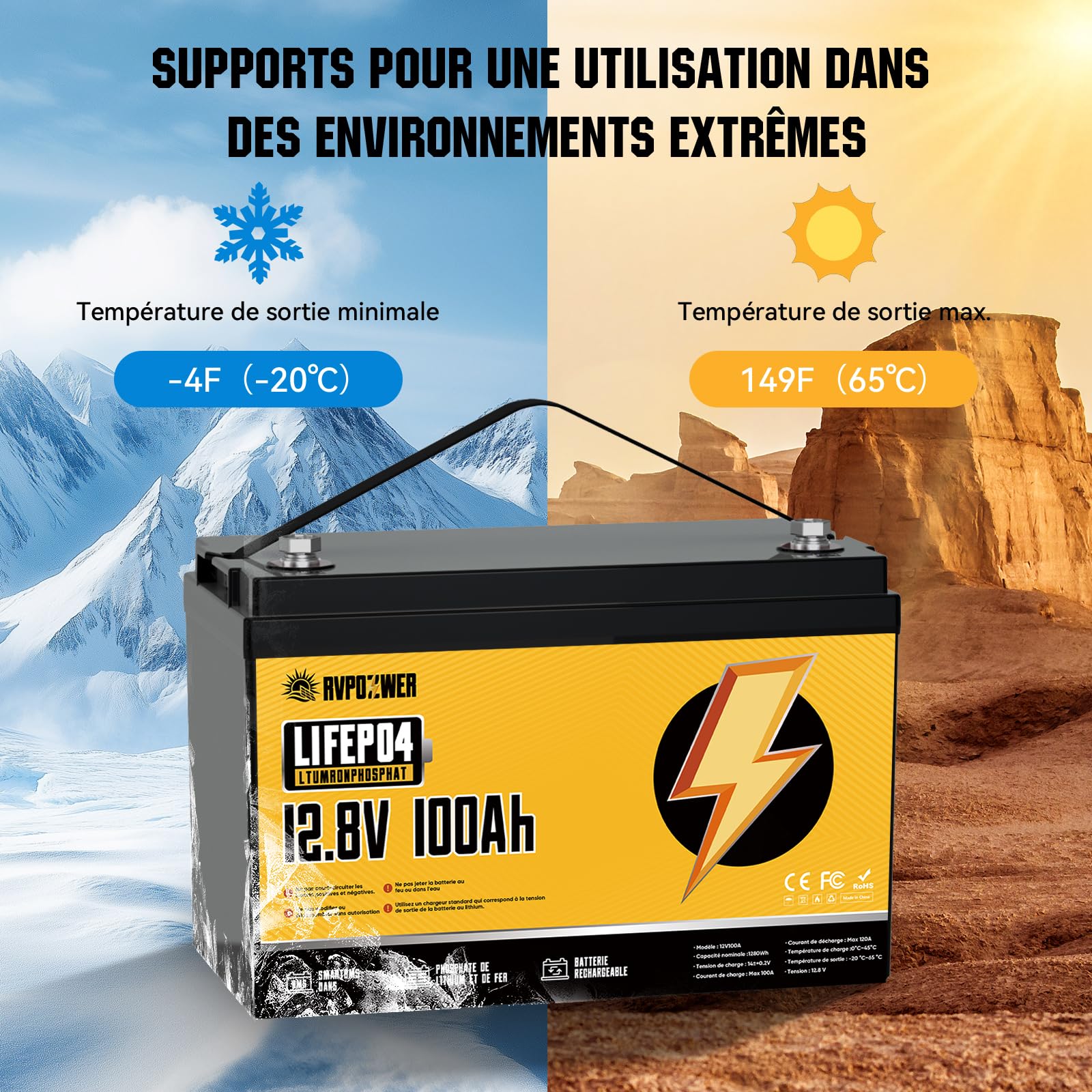 12V 100ah Batterie Lifepo4, BMS 100A Intégré, Batterie Lithium 1280Wh, 18 000 Cycles Profonds, Protection Contre les Basses Températures, Pour éNergie Domestique, Camping-Car, Hors RéSeau