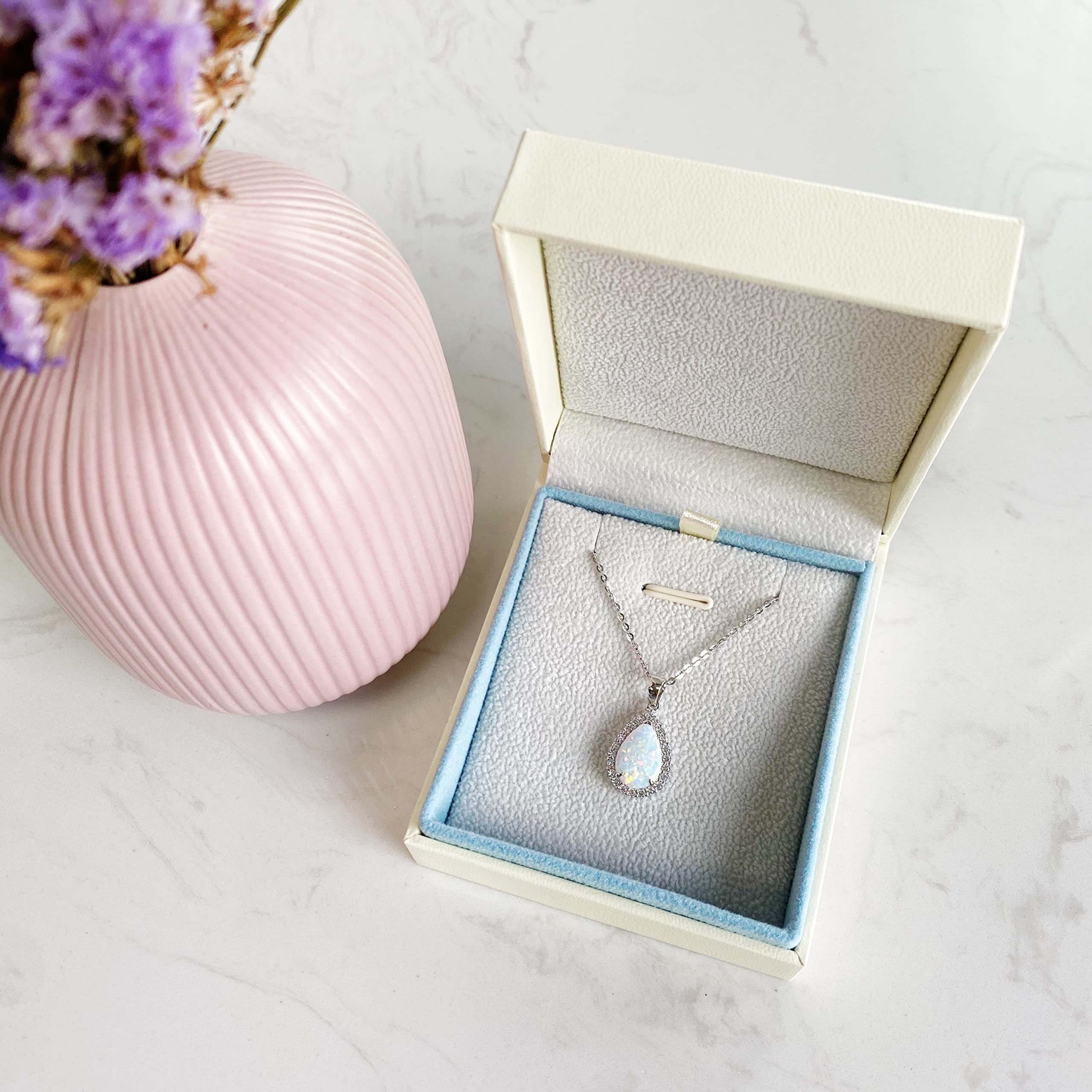 FANCIME Collana in Argento Sterling 925 con Opale Bianco Pendente, Regalo di Gioielli per Donna Ragazza - Catena Lunghezza: 40 + 5 cm
