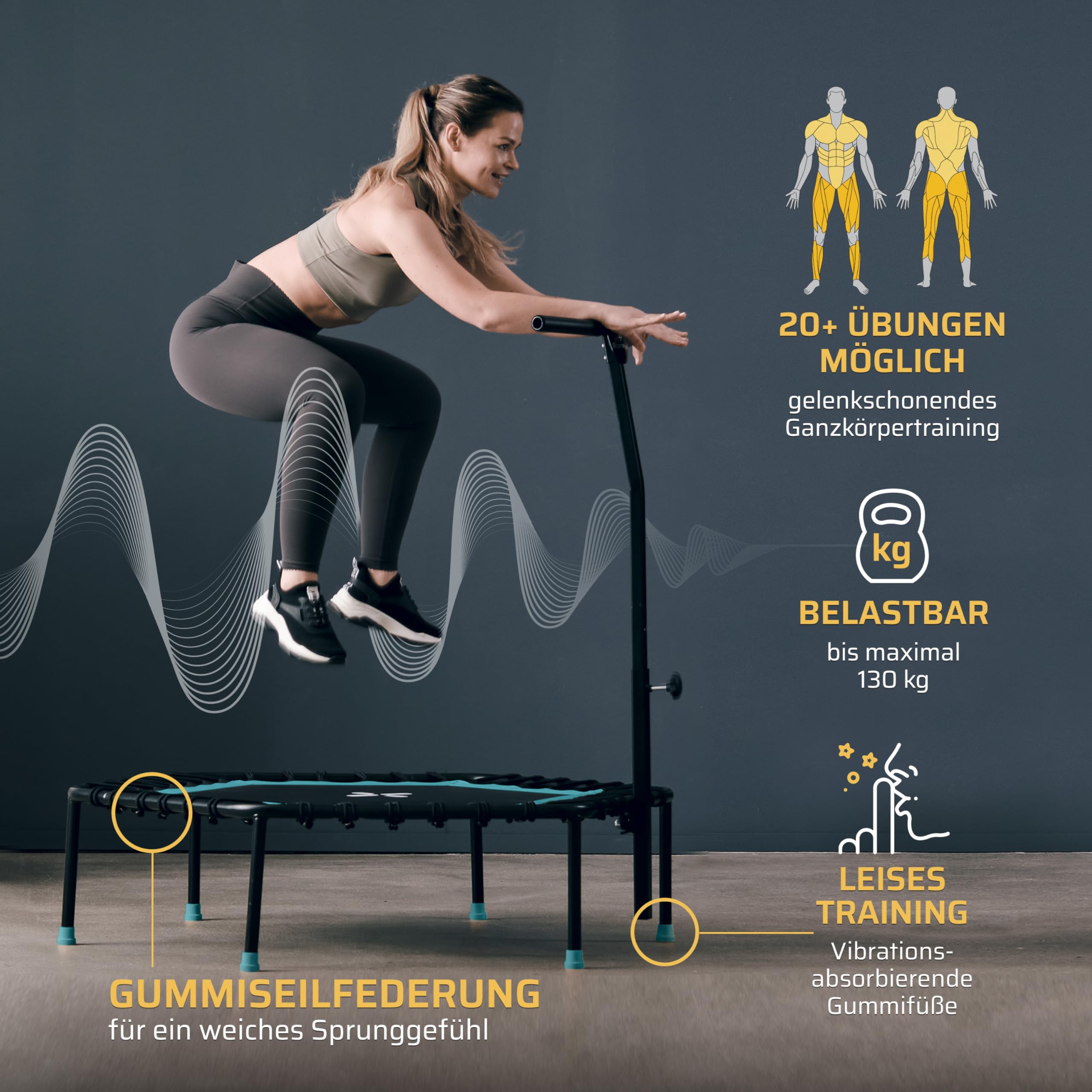 SportPlus Fitness Trampolin Indoor für Zuhause, Trampolin mit Haltestange höhenverstellbar, Gummiseilfederung, Workout & Cardiotraining, Premium-Qualität Designed in Germany 130kg
