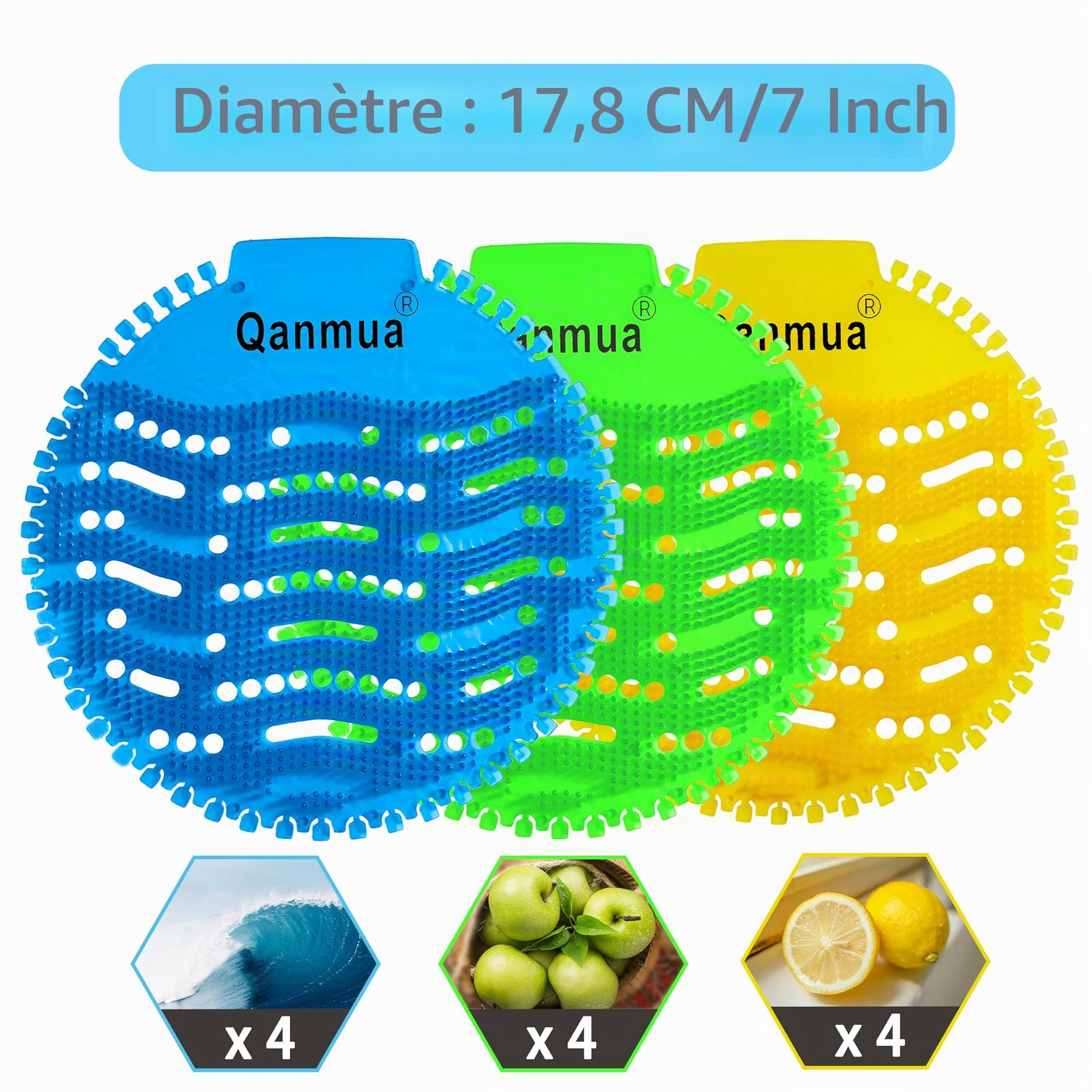 Qanmua 12 Pièces Ecrans pour Urinoir, Pastilles Urinoir Tapis d'Urinoir Désodorisant, Urinal Screen pourBureaux Restaurants et Écoles Anti-odeurs et Anti-projections 4 x Bleu 4 x Jaune 4 x Vert