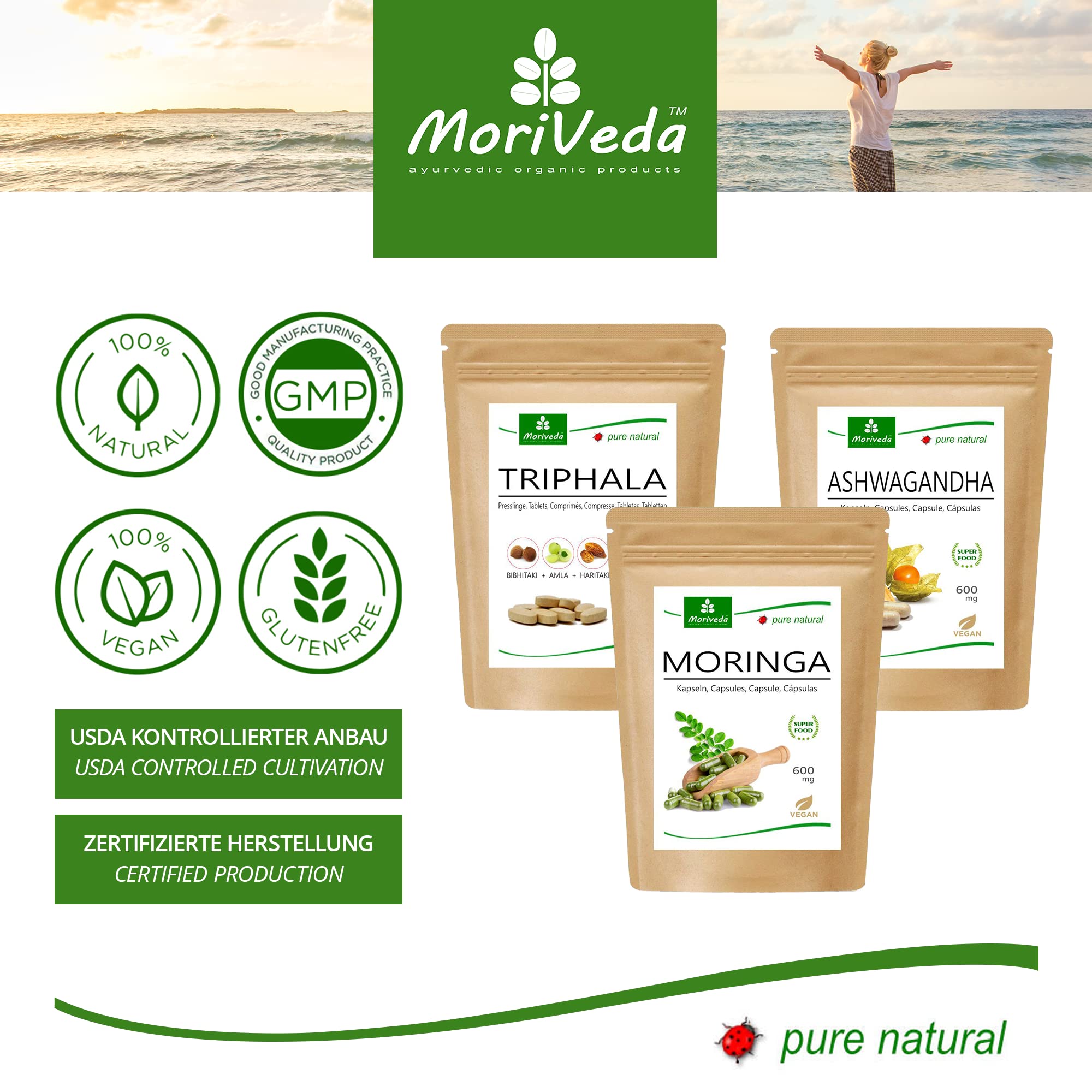 MoriVeda® Wohlbefinden Produktpaket | Triphala Tabletten, Moringa Kapseln, Ashwagandha Kapseln | Vitamine, Mineralien, Antioxidantien, Withanolide, sekundäre Pflanzenstoffe | Vegan