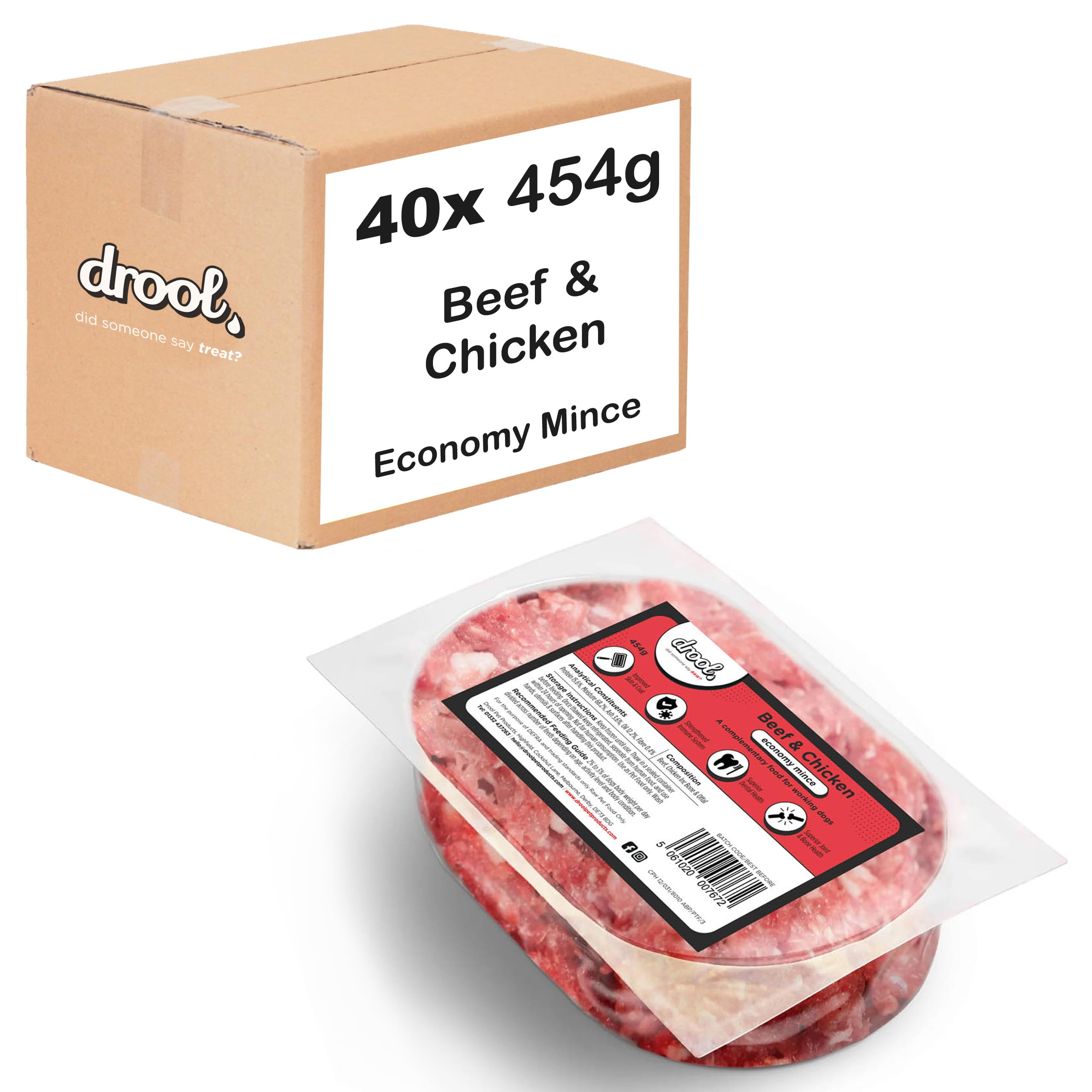 Drool Beef & Chicken Economy Mince 40 x 454g | 100% Natural Economy Raw Dog Food | Frozen Dog Food for Optimal Canine Health