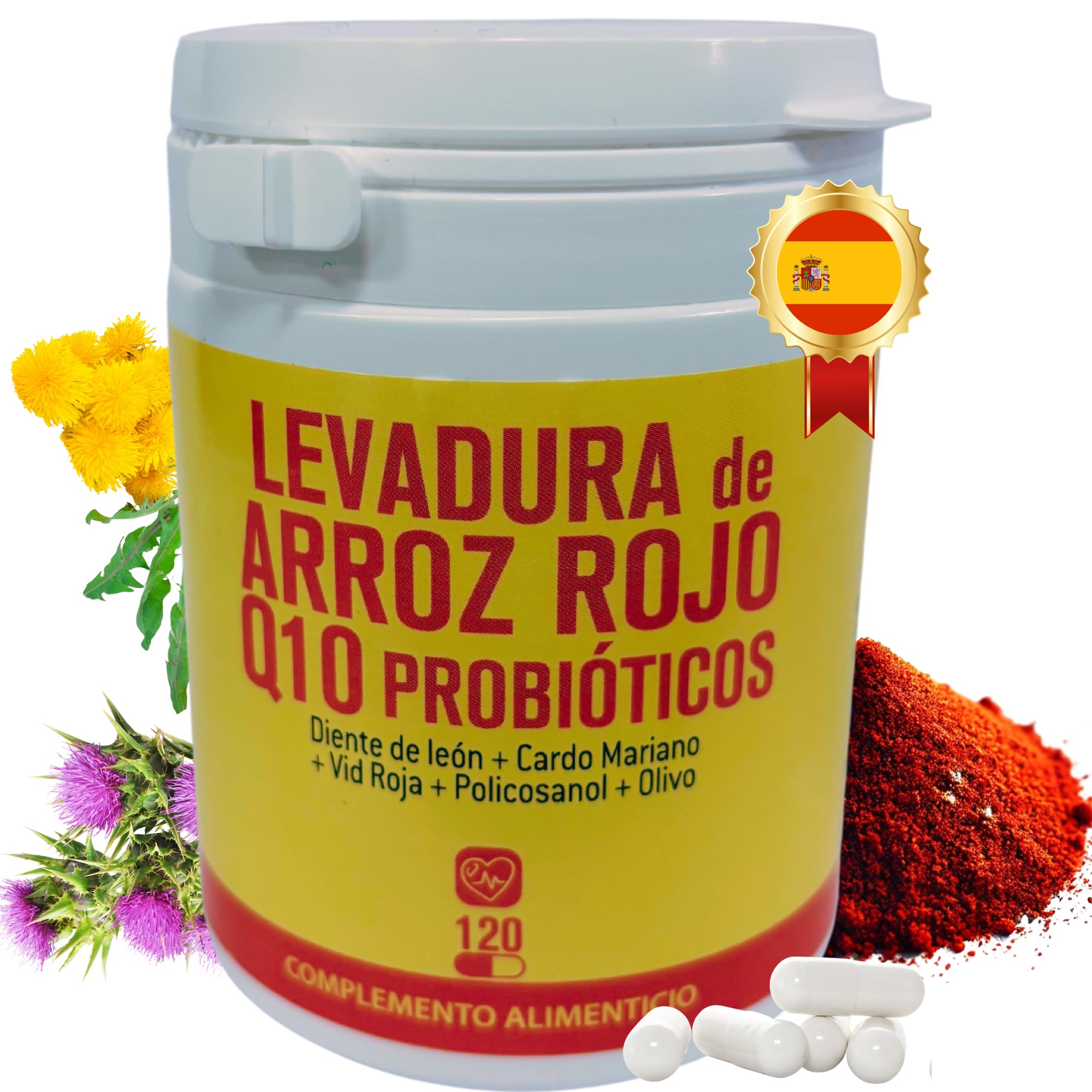 EUROPEA levadura de arroz rojo con Q10 y monacolina k - Arroz rojo colesterol capsulas con Diente de león Cardo mariano y probióticos que ayudan al hígado e intestino - red yeast rice coq10