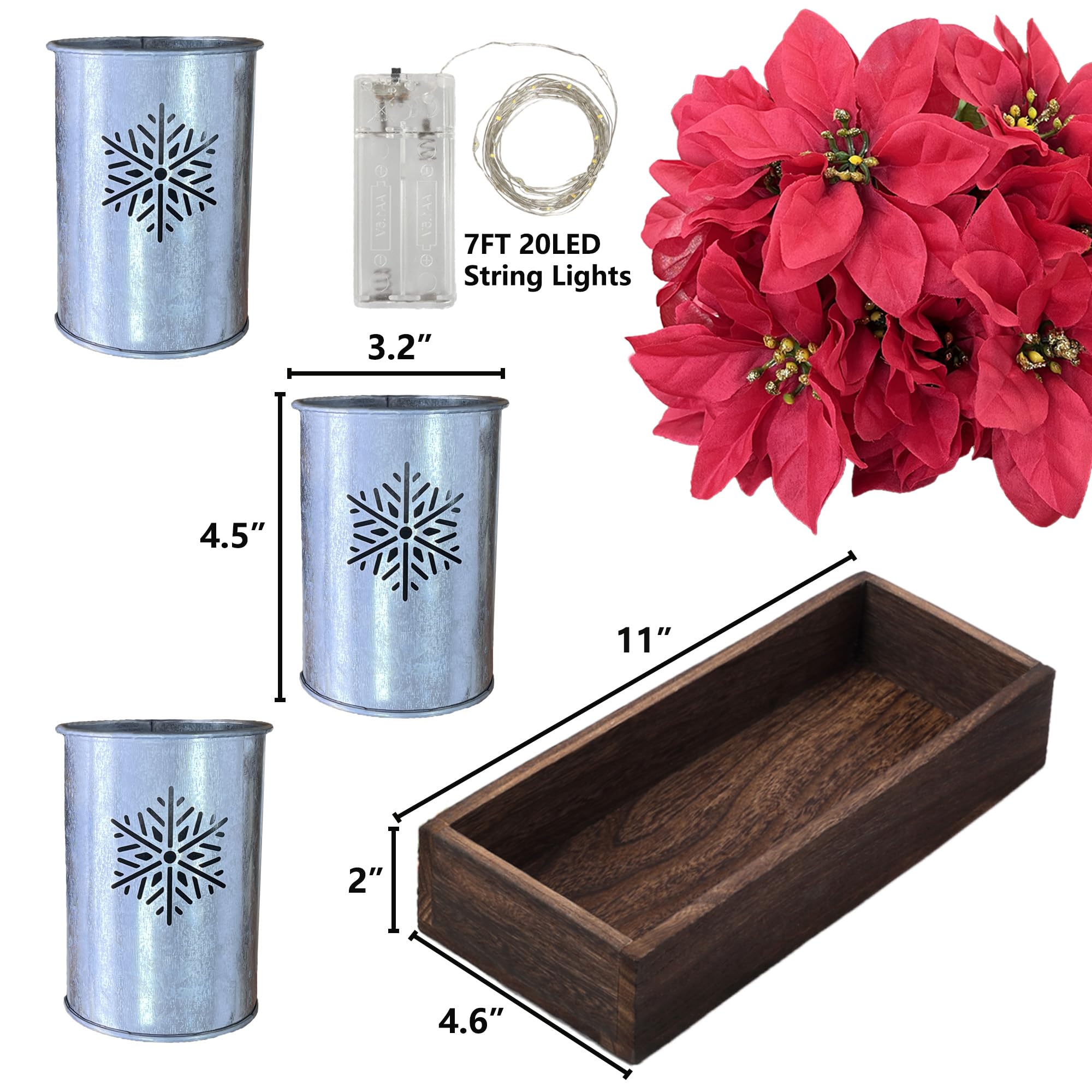Poinsettias Fleurs de Noël artificielles avec lumières LED, centre de table de Noël rouge en pots et boîte en bois pour décoration