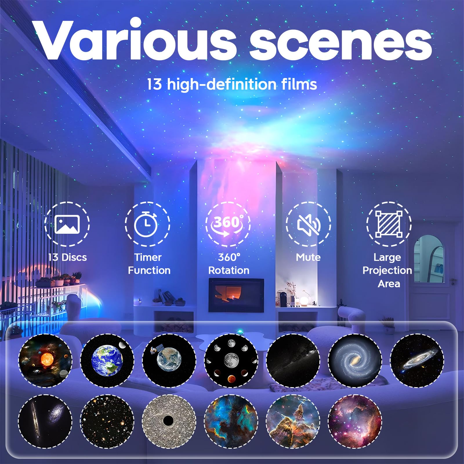 Lámpara proyectora de estrellas con 13 discos planetarios, rotación de 180 grados, iluminación sensorial para niños y adultos, decoración para dormitorio, fiesta, enfoque ajustable