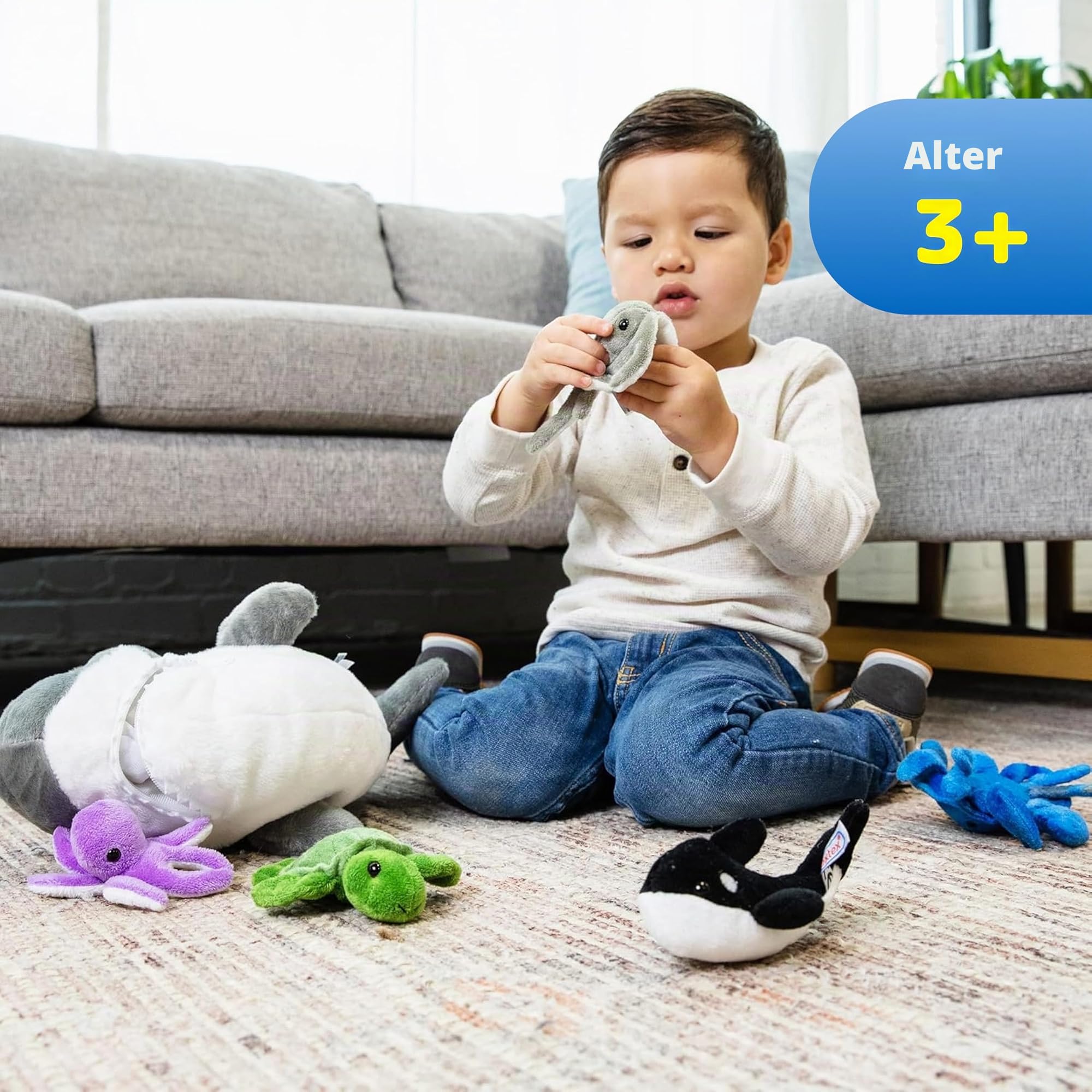 Prextex 38 cm großer Plüsch-Hai Plus 5 weiche Plüsch-Meerestiere, Kuscheltiere Stofftiere wie Oktopus, Krabbe, Schildkröte, Stachelrochen und Blauwal