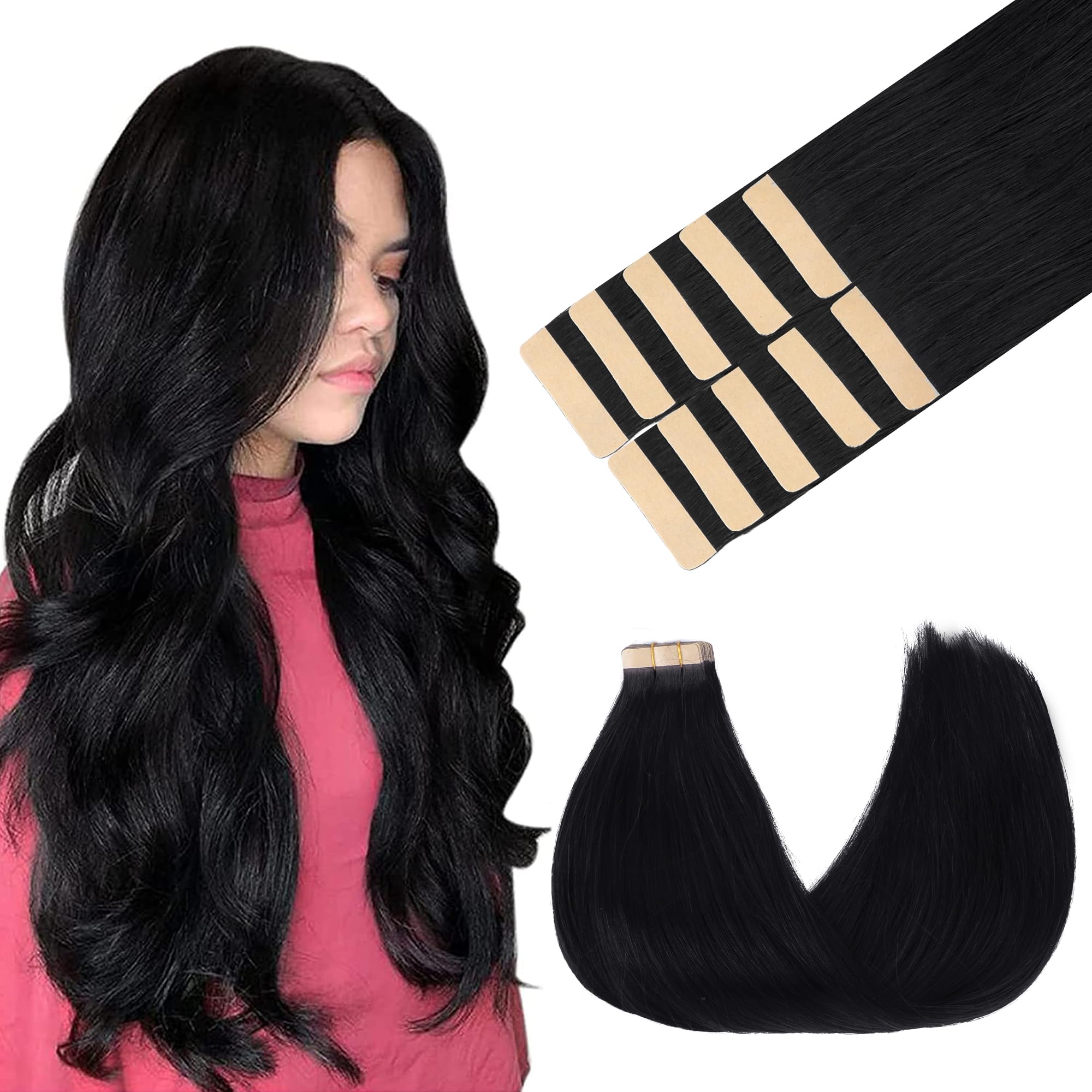 GOO GOO Tape in Hair Extensions Human Hair, 1 Jet black, 16inch 25g 10pcs, Skin Weft Seamless Invisible, Silky Straight with Thick Ends, Remy Human