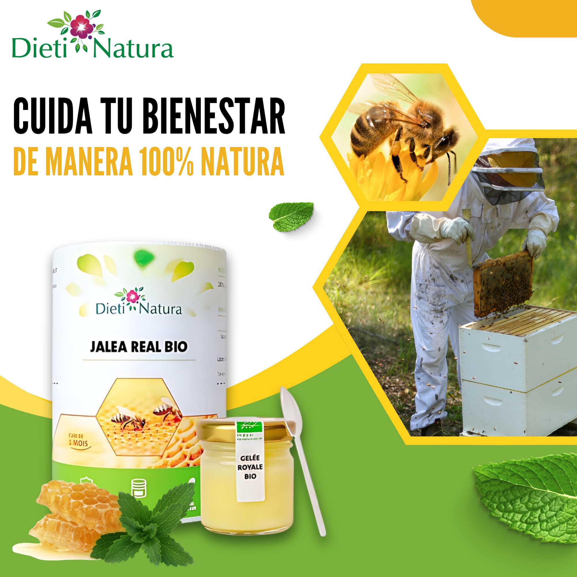 Dieti Natura Tarro de Jalea Real Fresca BIO (30g) (Pack de 6) - Jalea Real Pura con Elementos Esenciales: Vitaminas, Oligoelementos y Minerales para Energía Natural y Defensa Inmunológica
