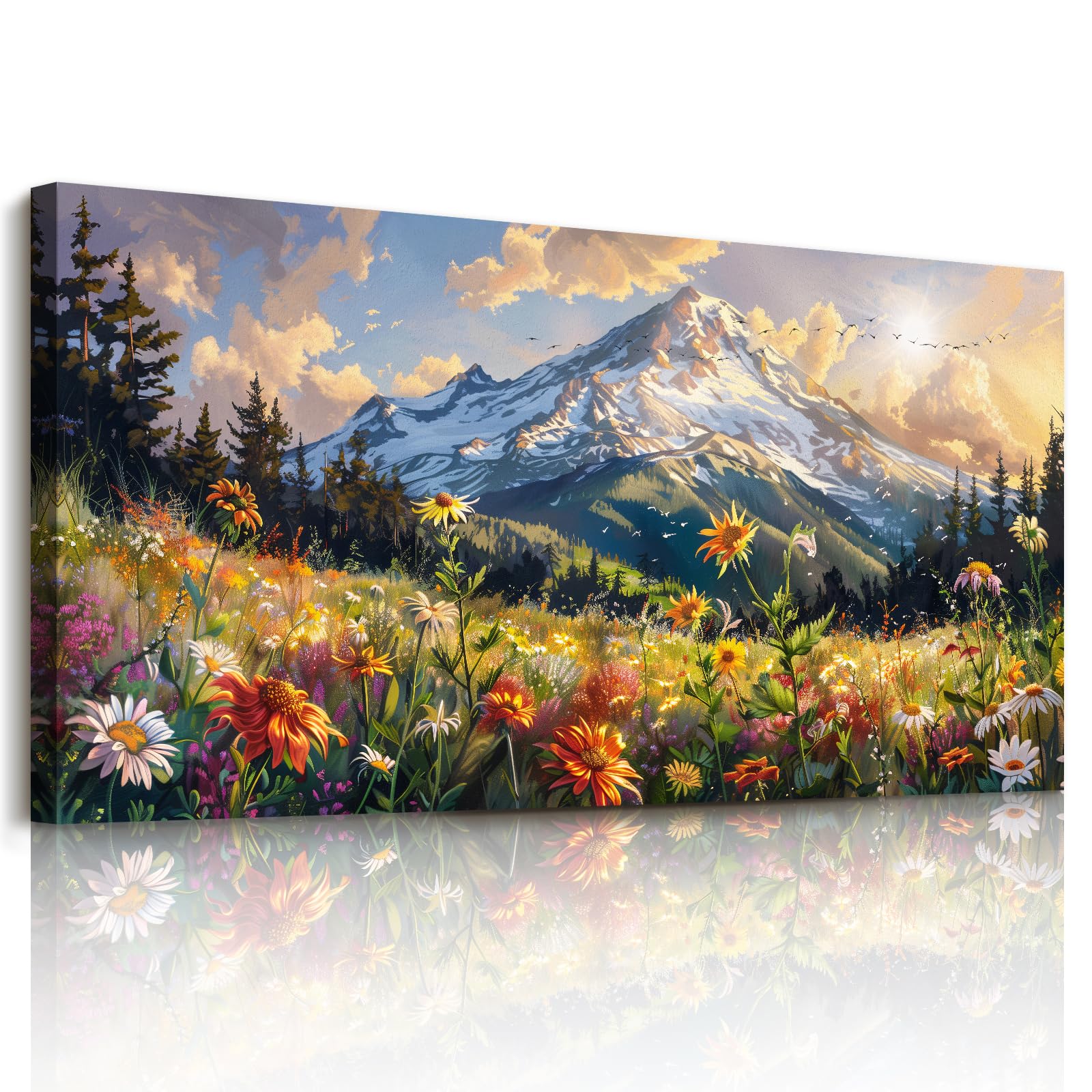 JHHUAMO Canvas Wall Art Large, Natural Landscape Pictures, Frameless Modern Colourful Painting, Snow Mountain Flower Wall Decorations for Living Room Bedroom Garden Hallway Office Gallery 24"x48"