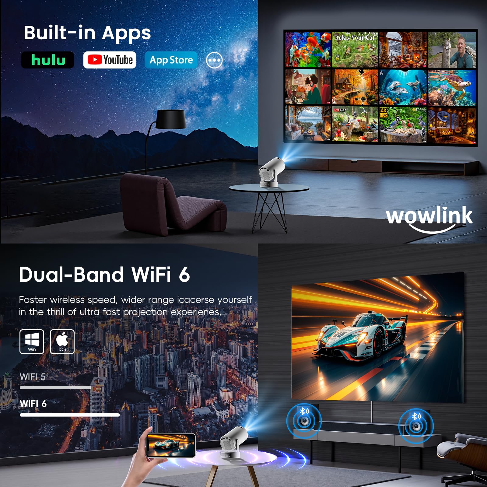 [Apps intégrées & 2026 Upgraded] Vidéoprojecteur avec WiFi 6 et Bluetooth 5.4 Mini Projecteur Supporte 4K 1080P Auto Keystone Rotation 180° Compatibile avec HDMI/TV Stick/Memory Stick/Laptop, Blanc